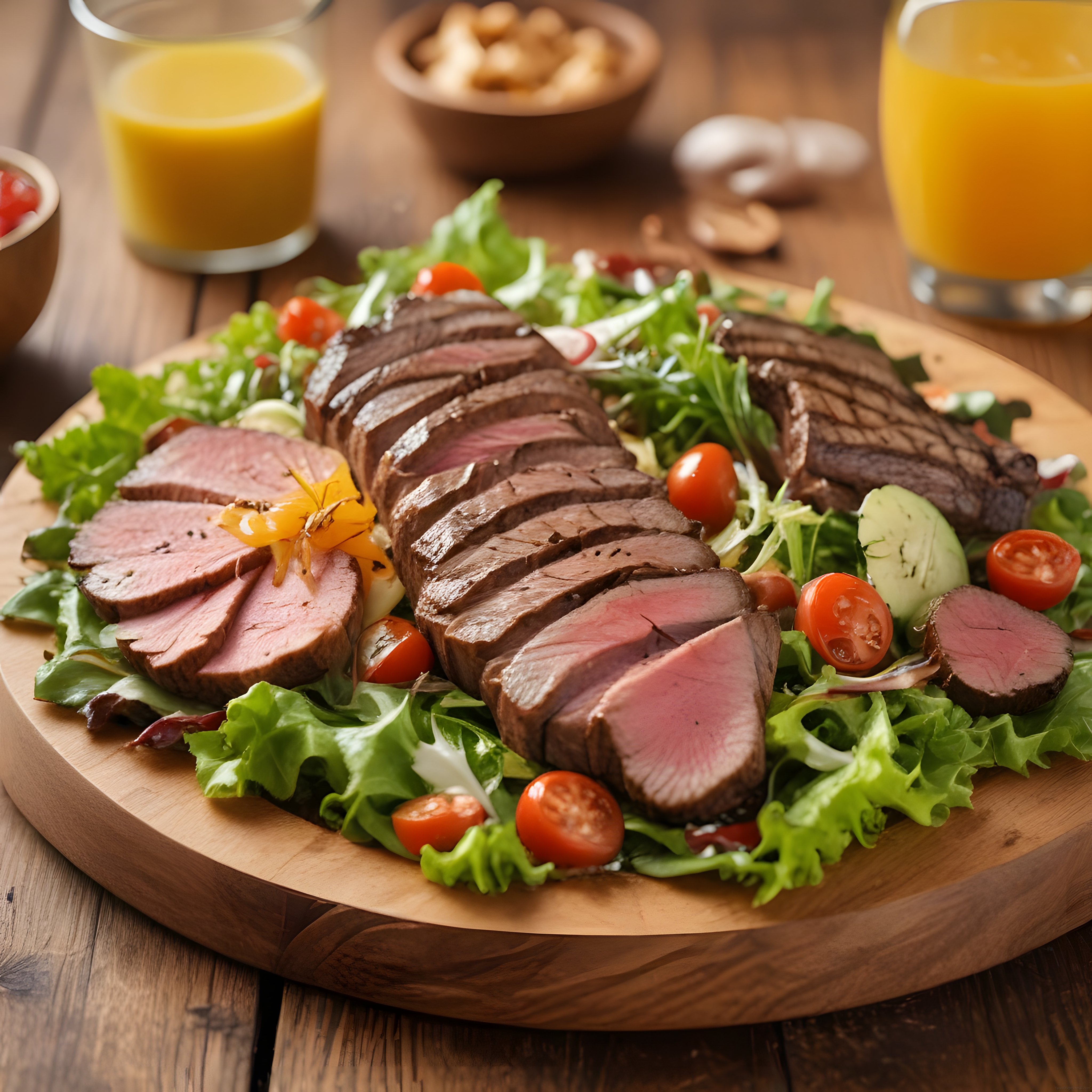 Ahşap sunum tahtası üzerinde dilimlenmiş orta pişmiş biftek ve taze salata