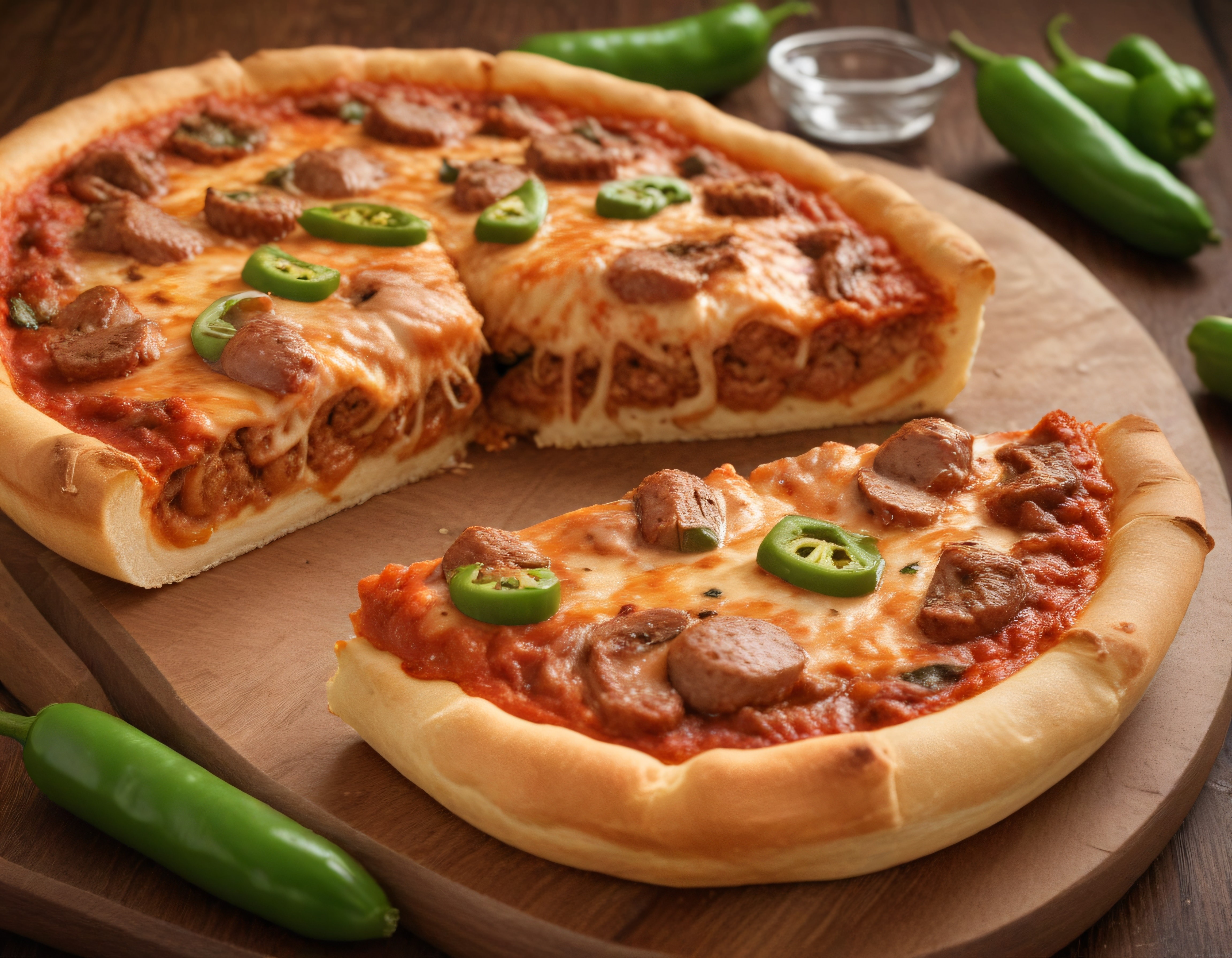 Ahşap Sunum Tahtası Üzerinde Dilimlenmiş Sosisli ve Jalapenolu Pizza
