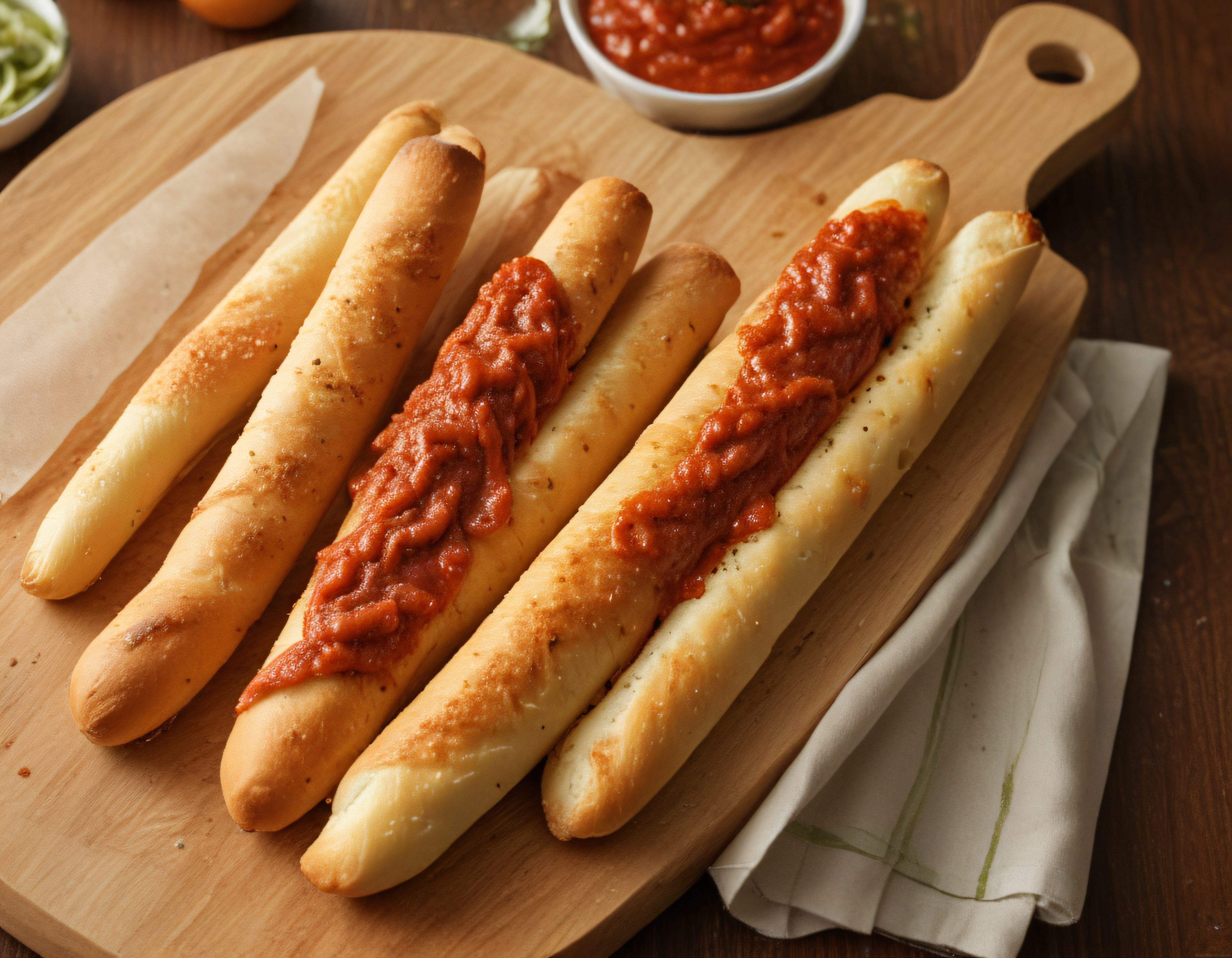 Ahşap Sunum Tahtası Üzerinde Domates Soslu Çıtır Ekmek Çubukları ve Dip Sos