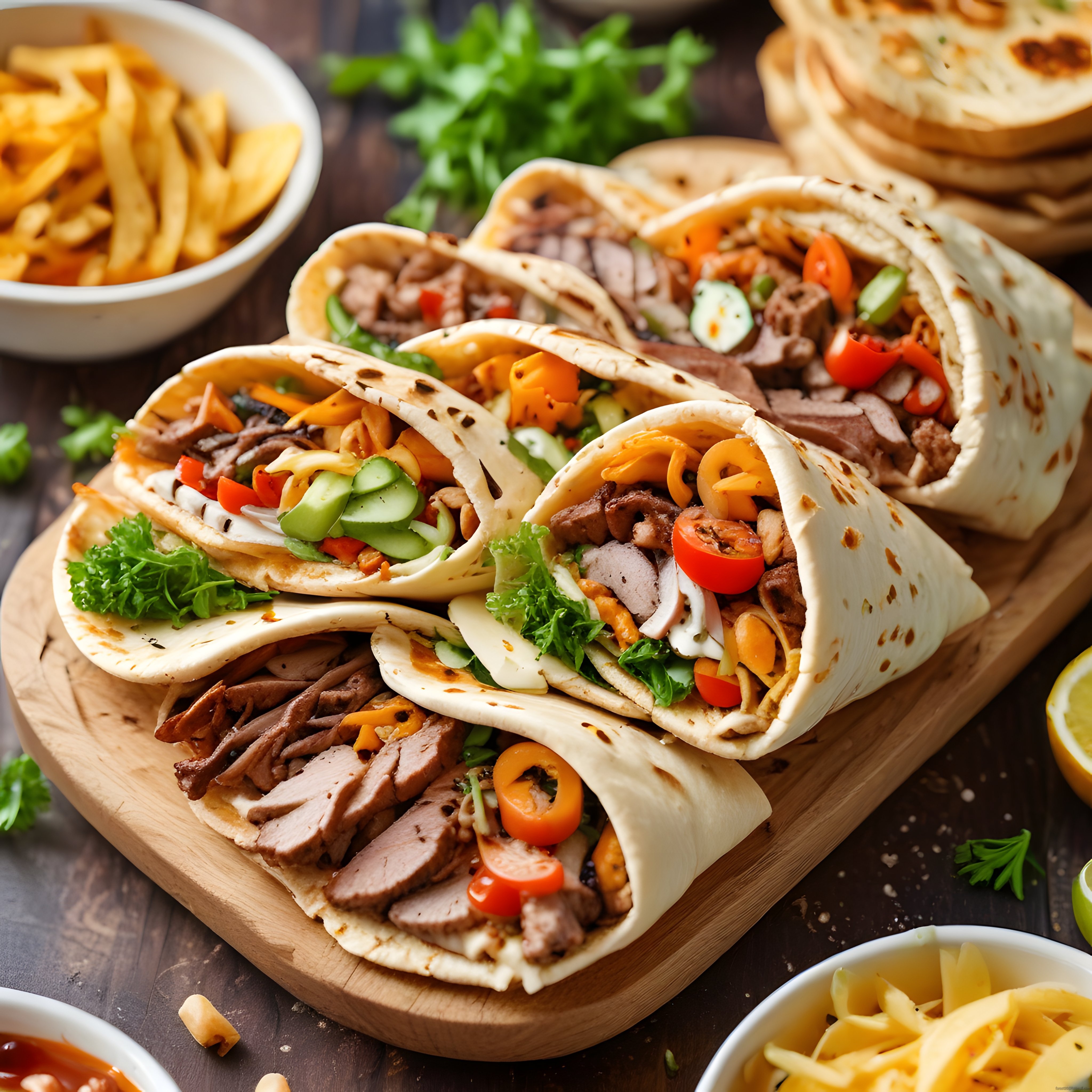 Ahşap Sunum Tahtası Üzerinde Döner Dürüm ve Patates Kızartmasıyla Sokak Lezzeti