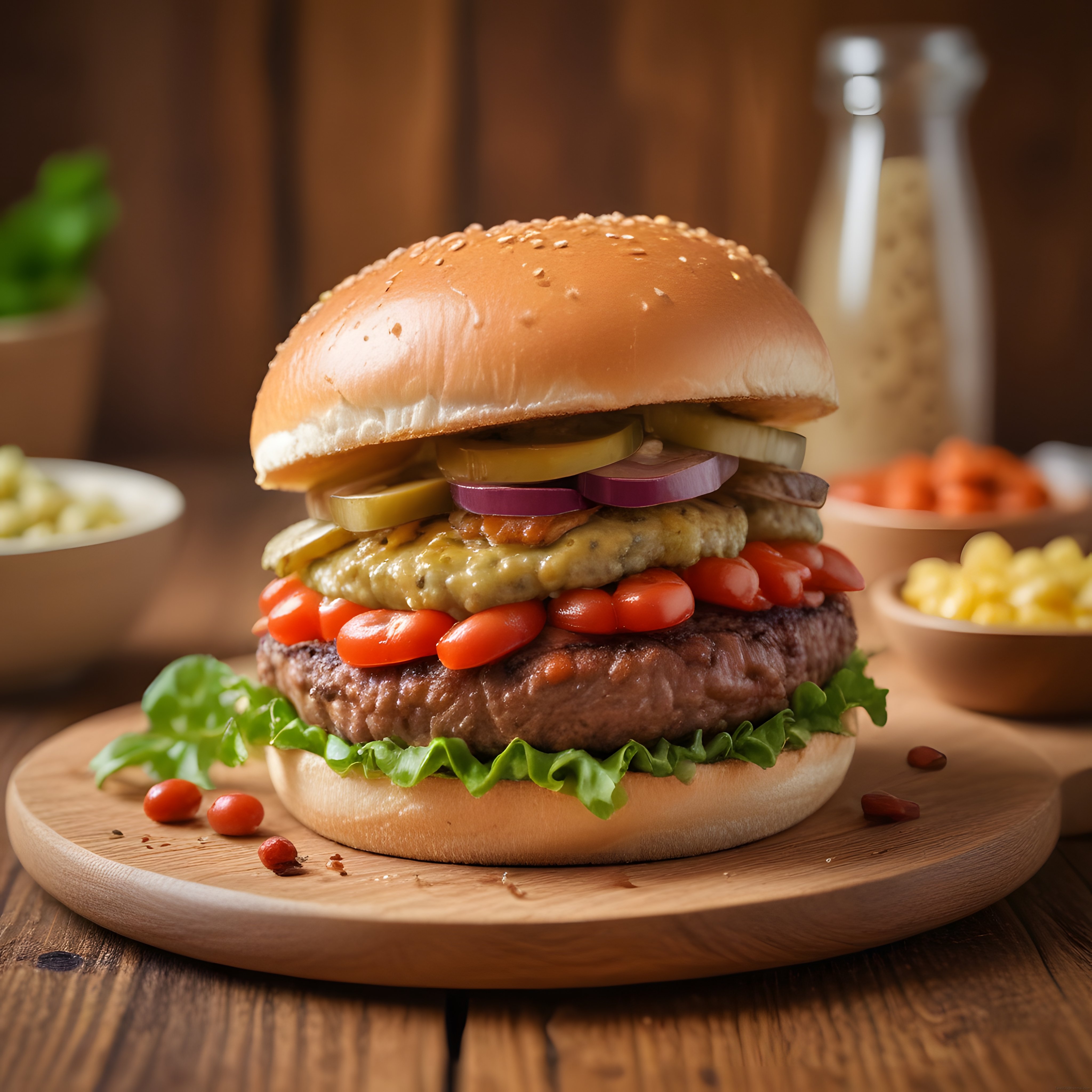 Ahşap Sunum Tahtası Üzerinde Efsanevi Katlı Gurme Burger ve Yan Lezzetler