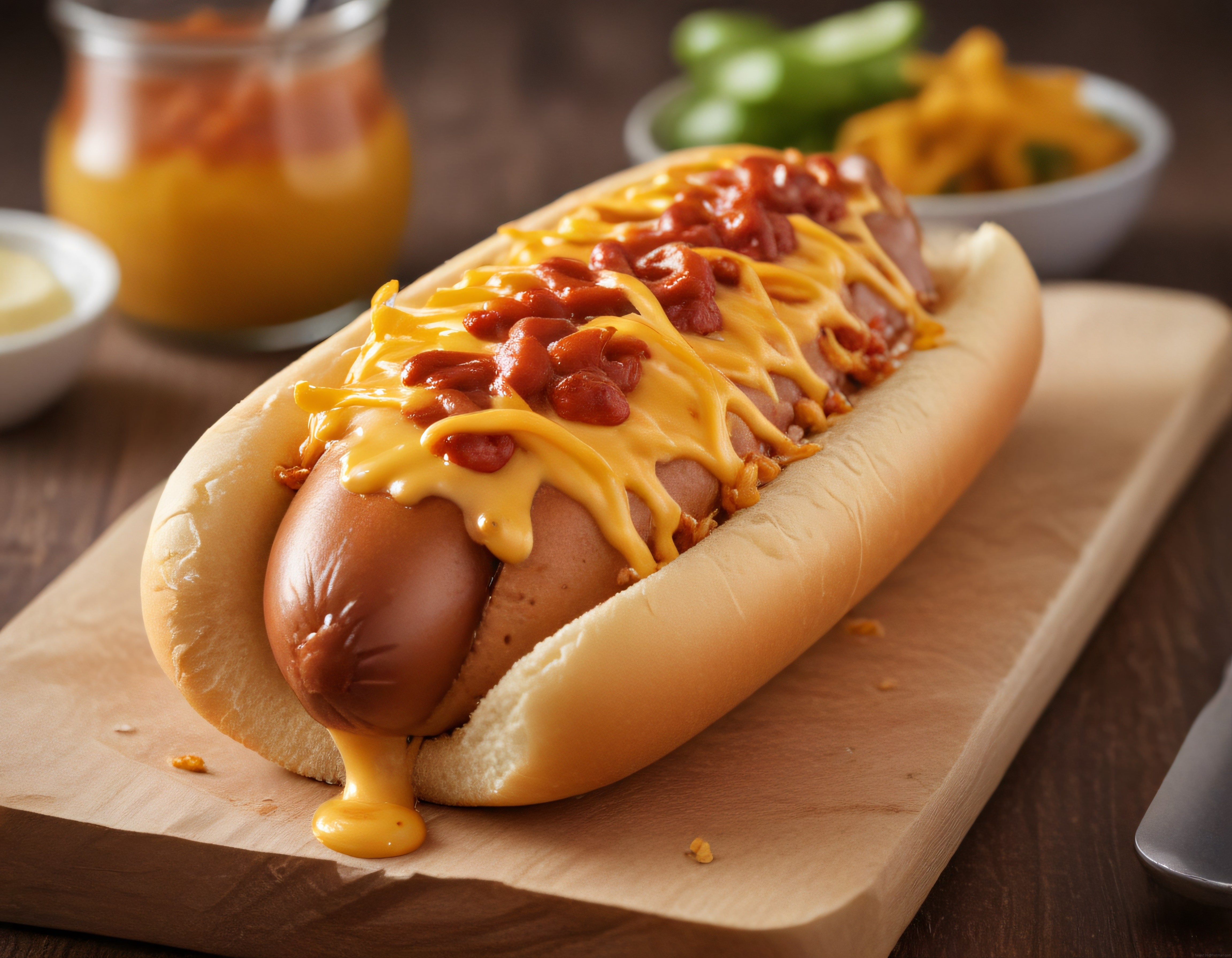 Ahşap Sunum Tahtası Üzerinde Erimiş Cheddar ve Chili Soslu Hot Dog