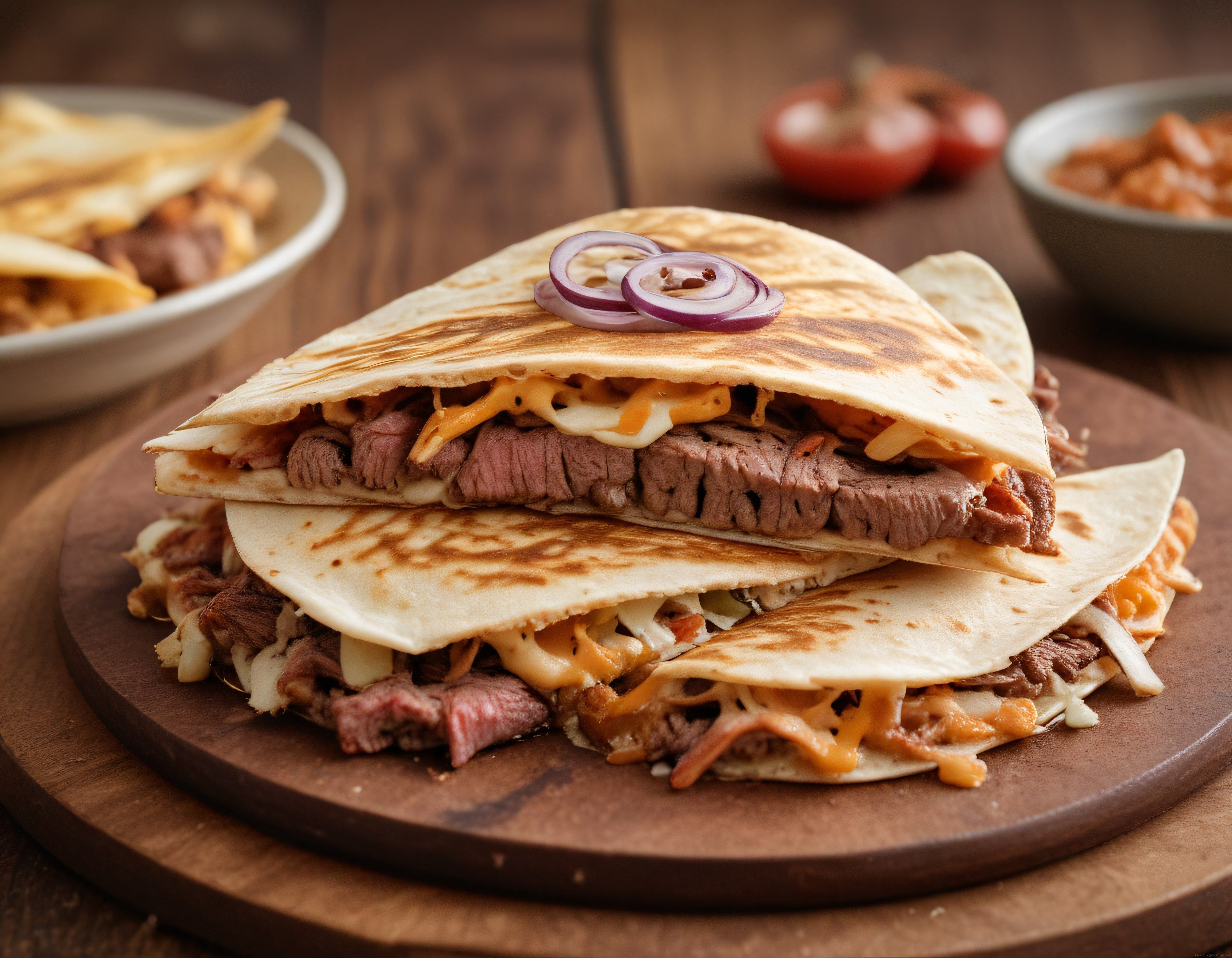Ahşap Sunum Tahtası Üzerinde Eriyen Peynirli Dana Etli Meksika Quesadillası
