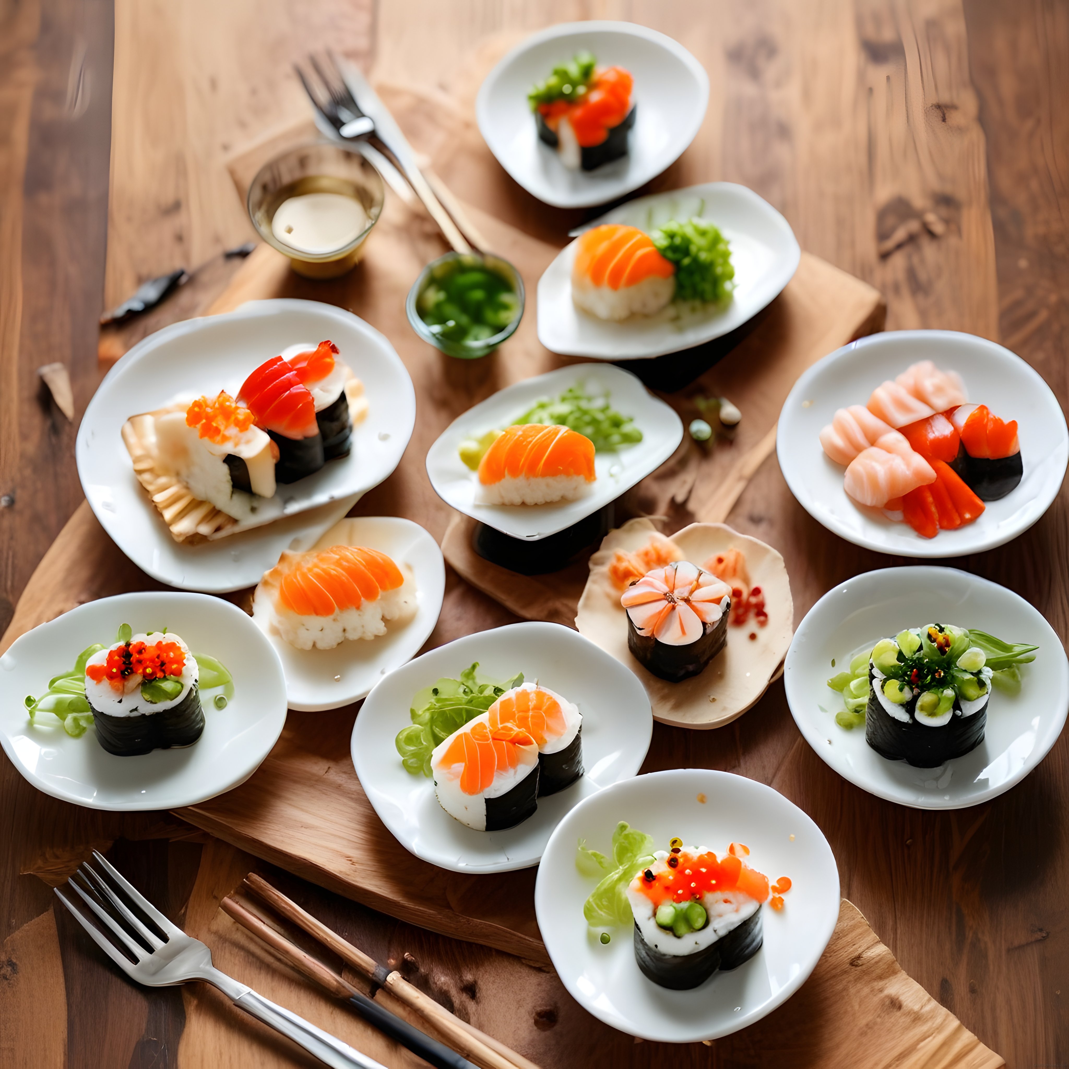 Ahşap sunum tahtası üzerinde estetik şekilde dizilmiş farklı sushi türleri