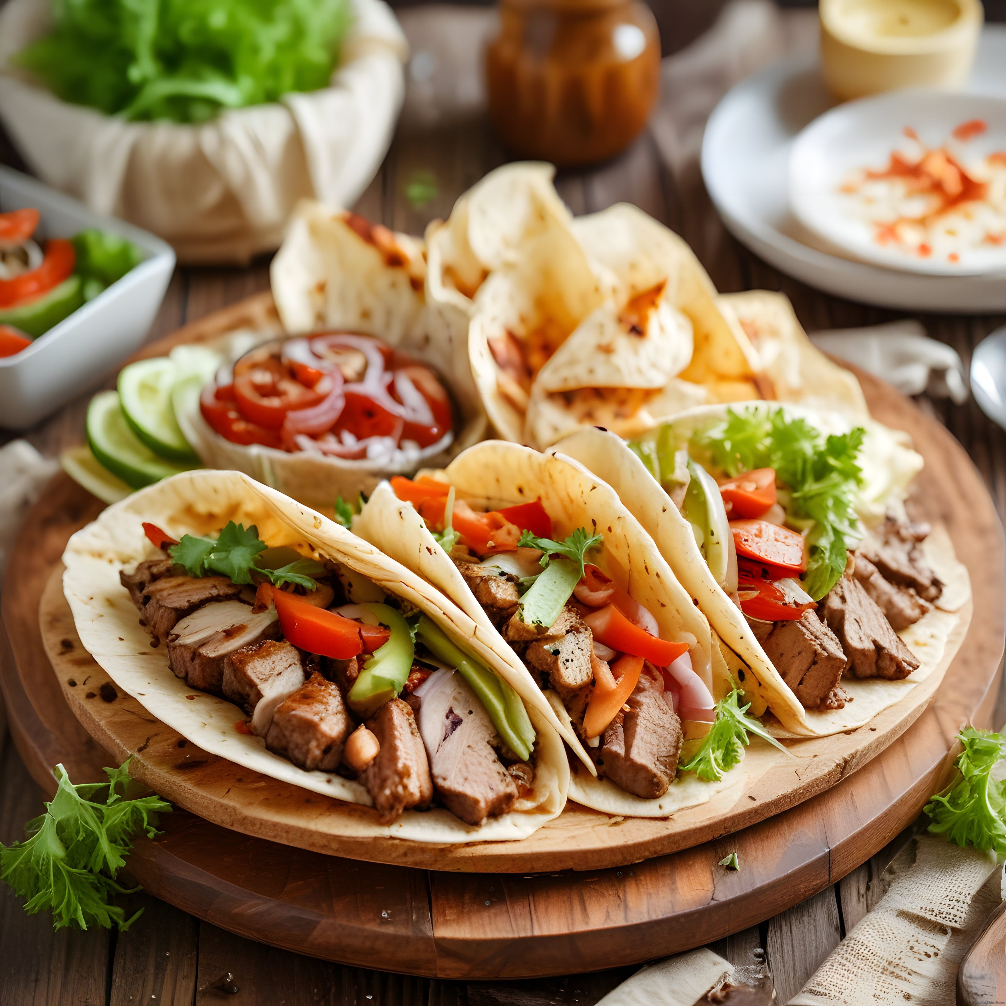 Ahşap Sunum Tahtası Üzerinde Etli Taco ve Taze Sebzeli Tortilla Çeşitleri