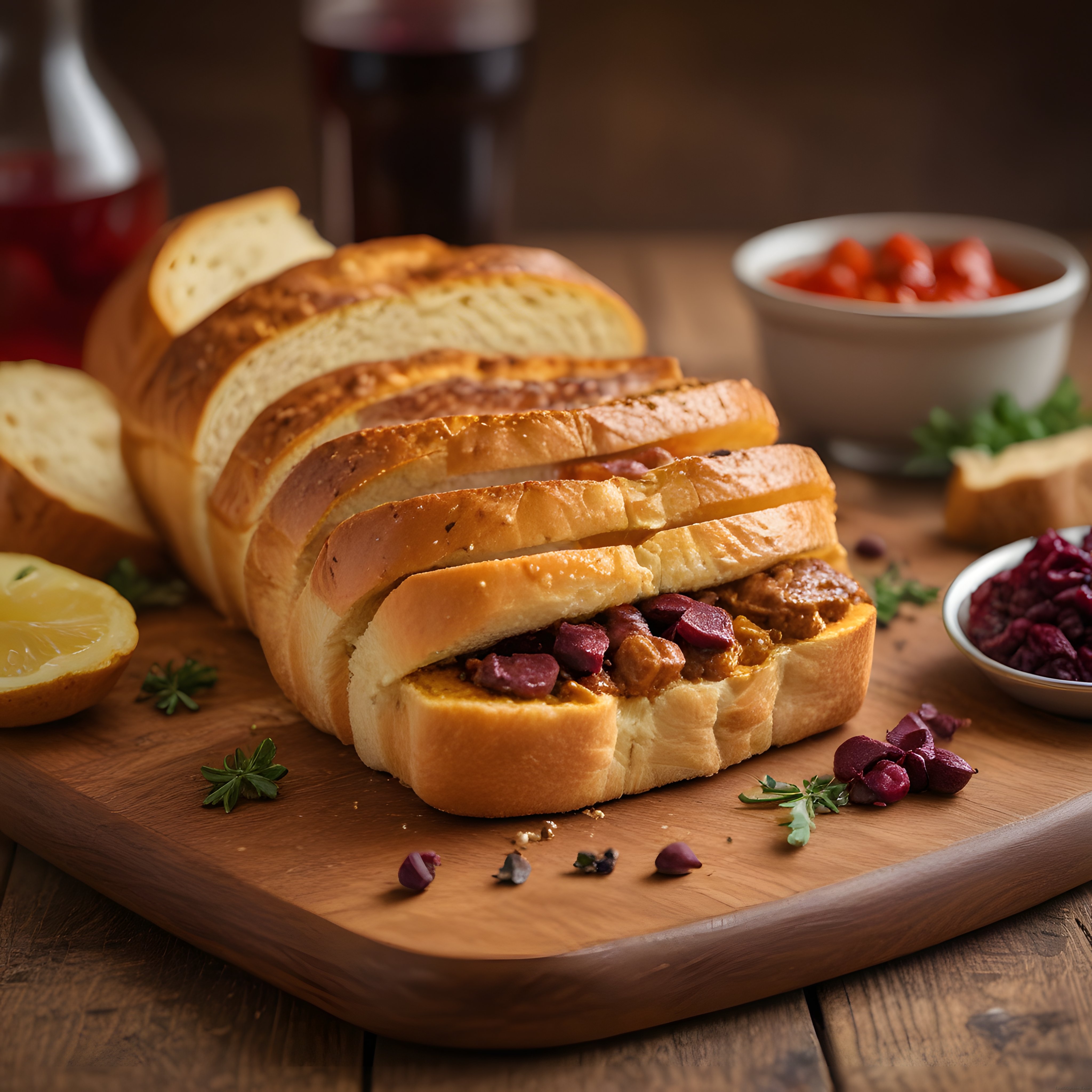 Ahşap Sunum Tahtası Üzerinde Etli ve Soslu Dilimlenmiş Somun Ekmek