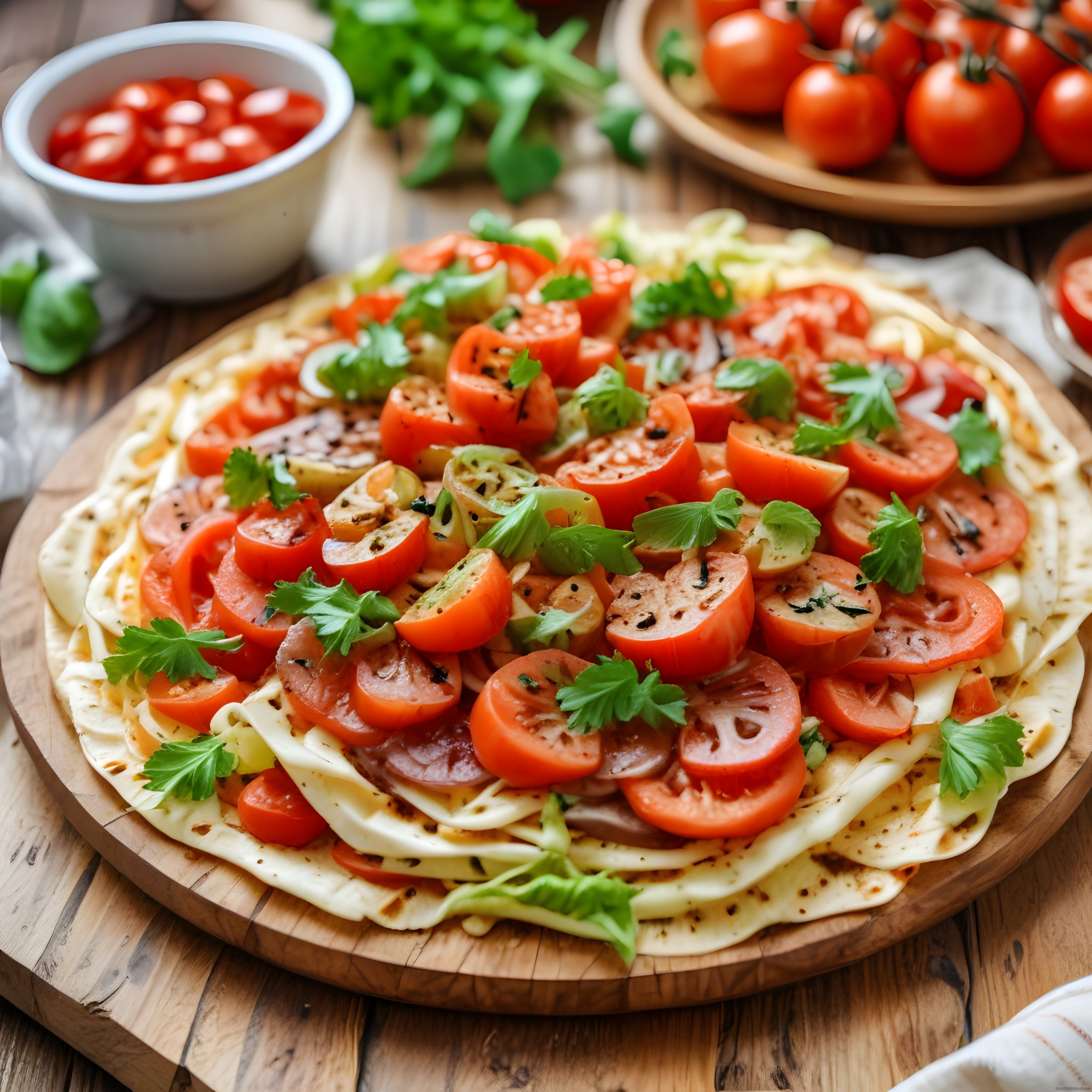 Ahşap sunum tahtası üzerinde ev yapımı domatesli mozzarella peynirli taze pizza