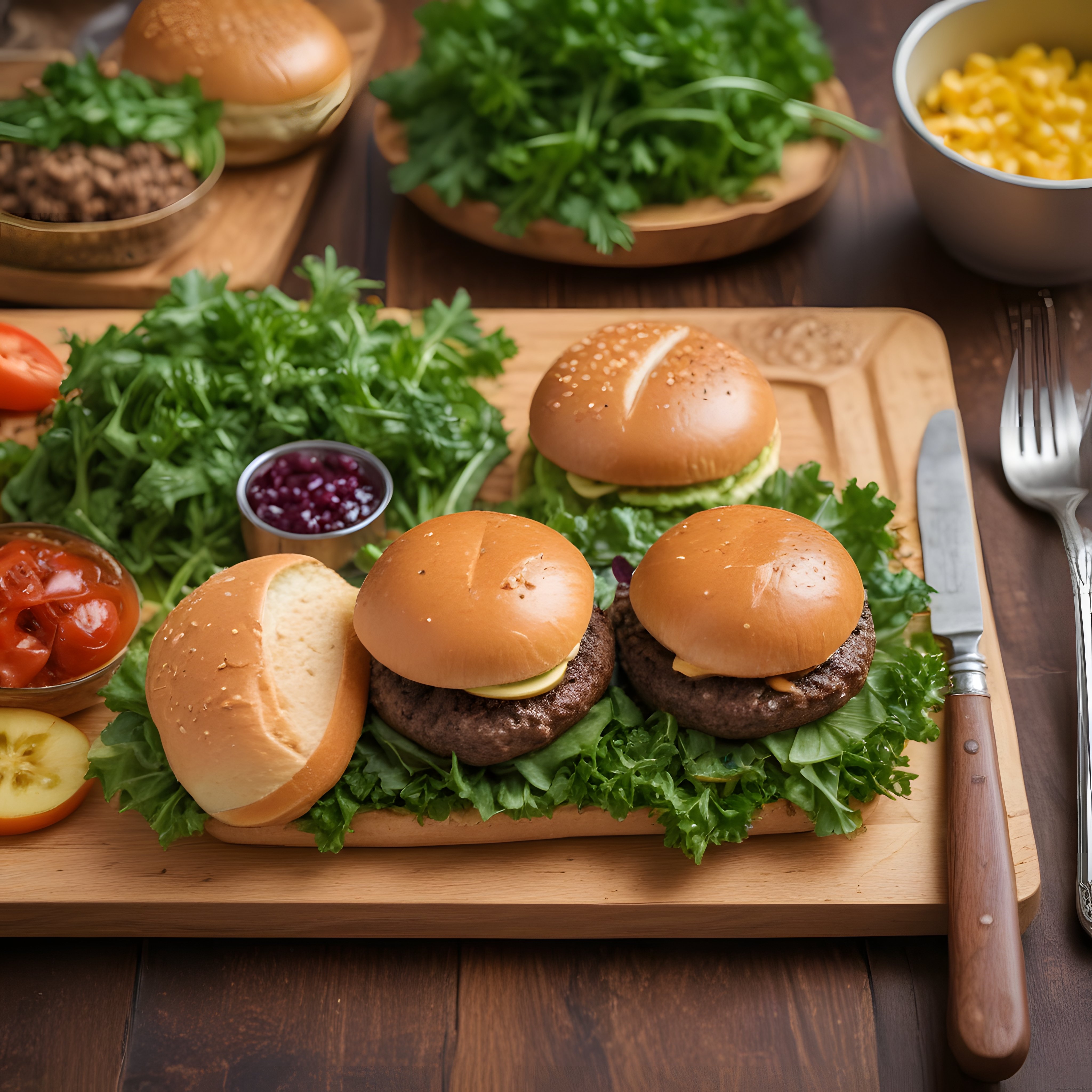Ahşap sunum tahtası üzerinde ev yapımı hamburger köfteleri ve yeşillikler