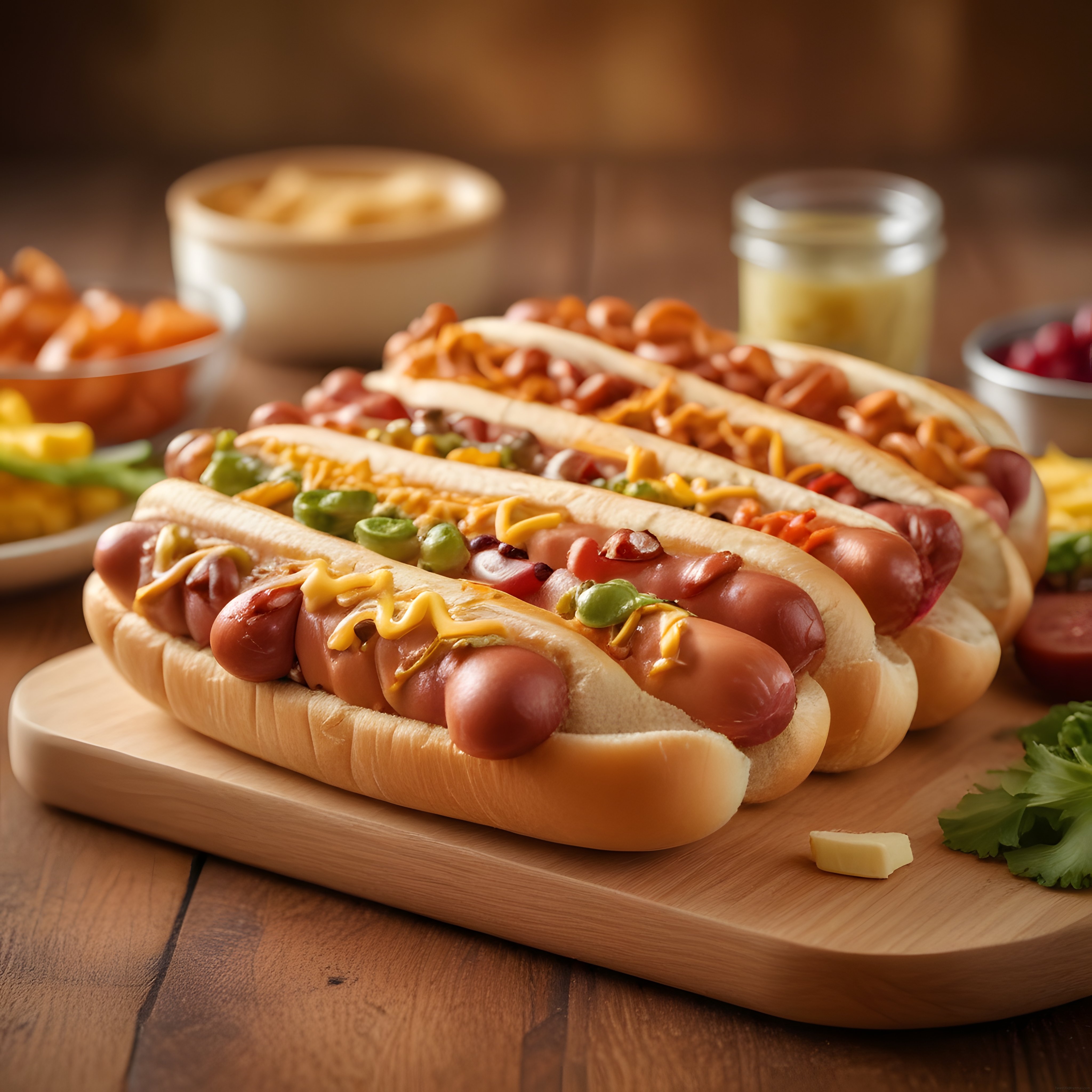 Ahşap Sunum Tahtası Üzerinde Farklı Soslarla Süslenmiş Iştah Açıcı Hotdoglar