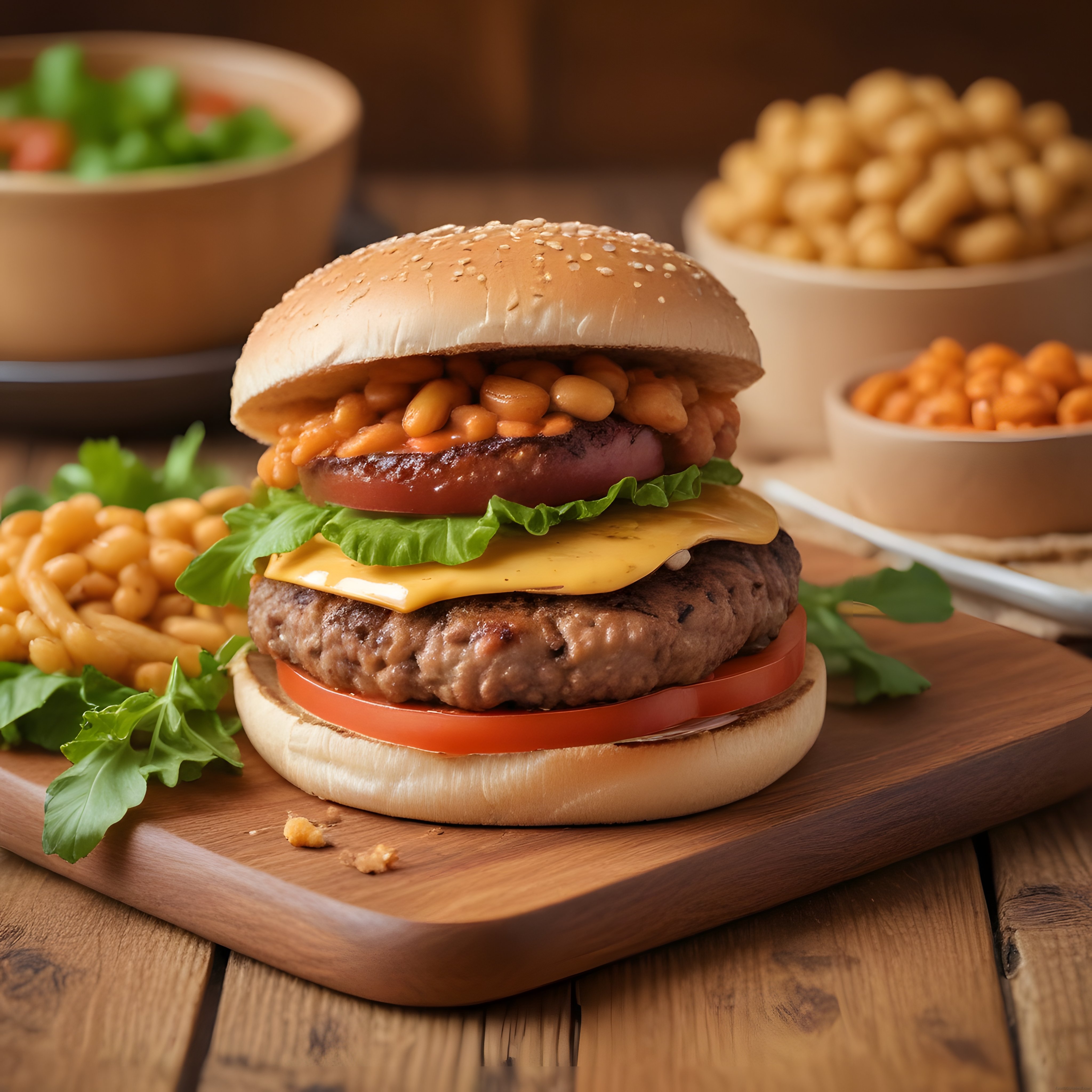 Ahşap Sunum Tahtası Üzerinde Fasulye Soslu ve Köfteli Hamburger
