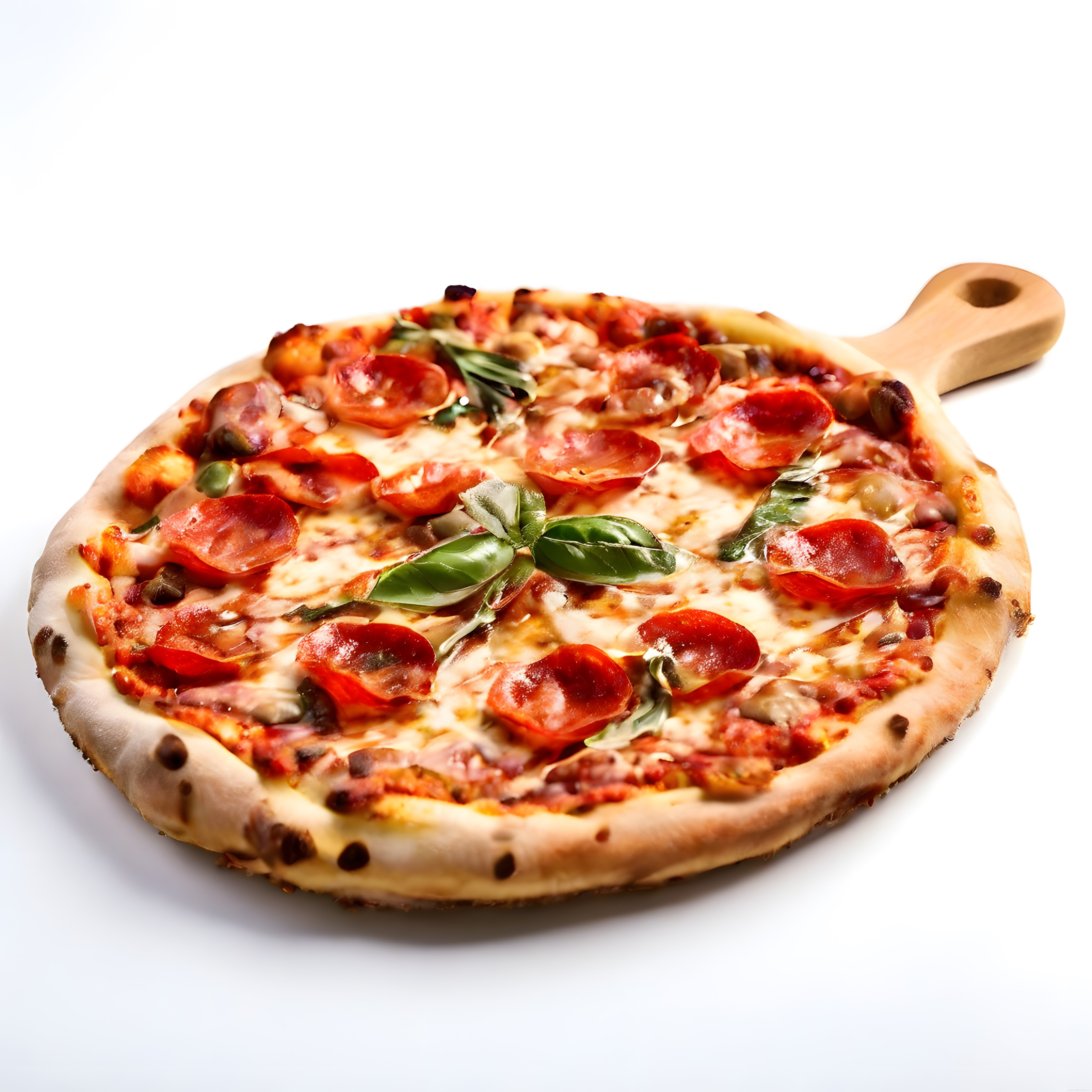 Ahşap sunum tahtası üzerinde fesleğen yapraklı ve pepperonili pizza