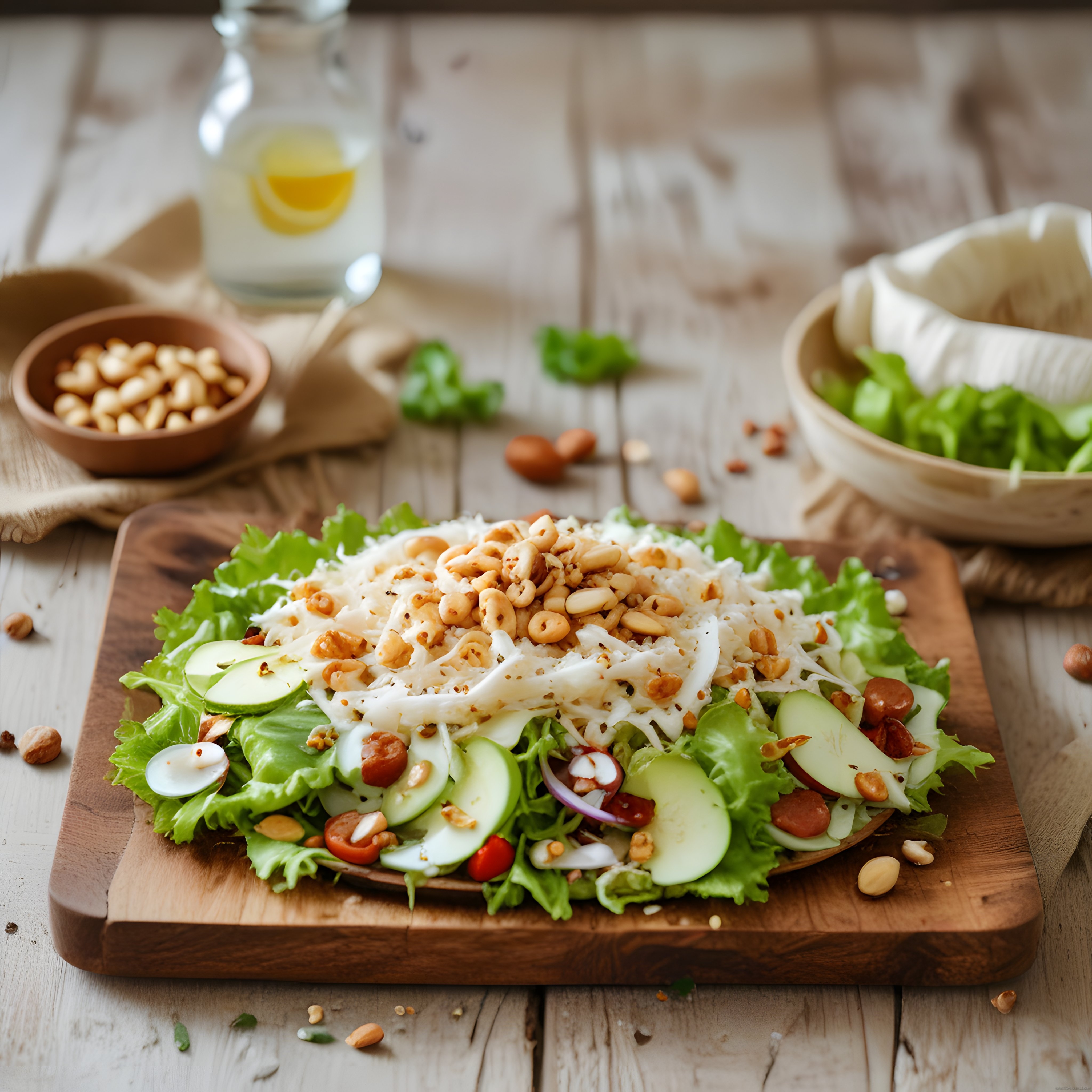 Ahşap Sunum Tahtası Üzerinde Fındık ve Beyaz Peynirli Taze Salata