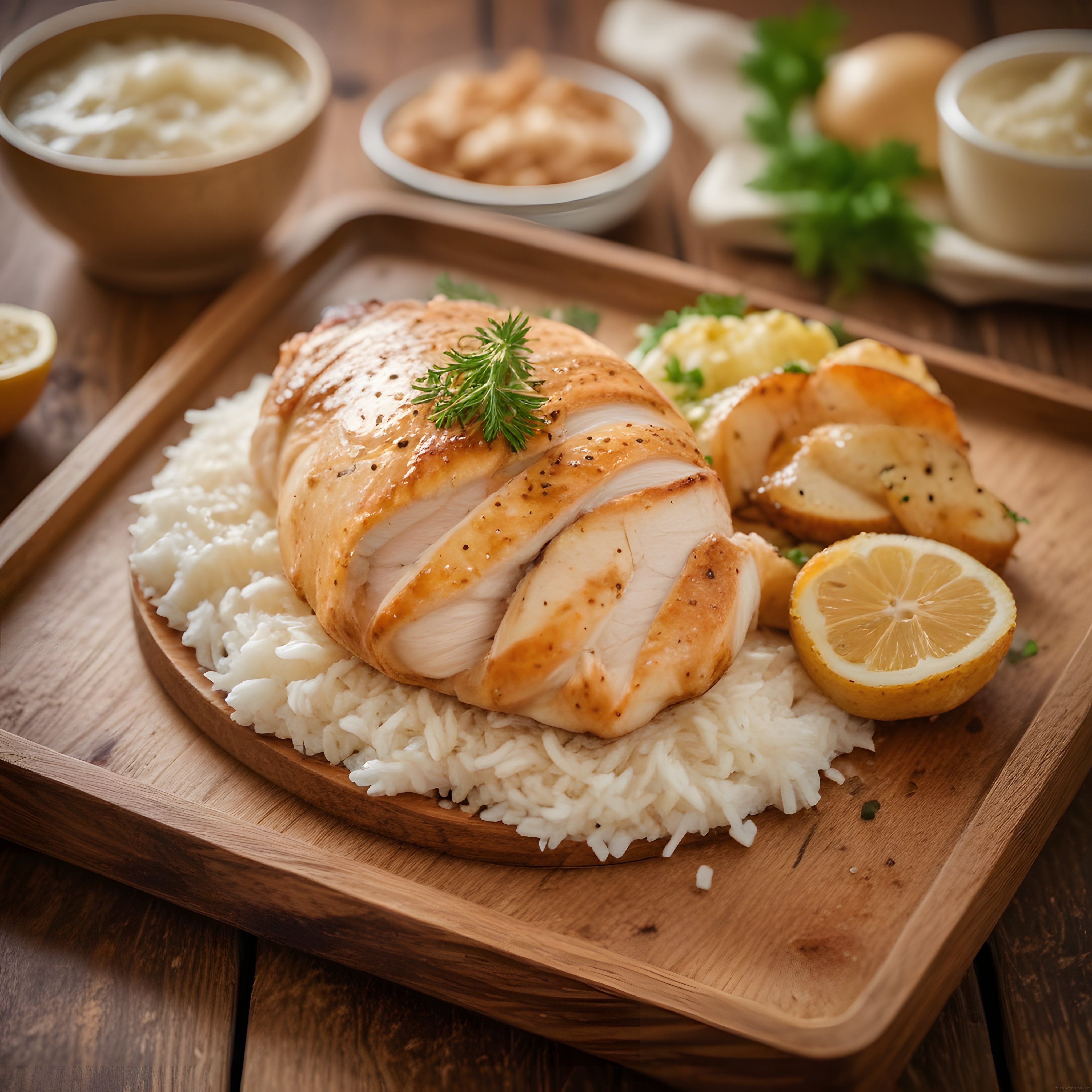 Ahşap Sunum Tahtası Üzerinde Fırında Tavuk Göğsü, Pilav ve Patates