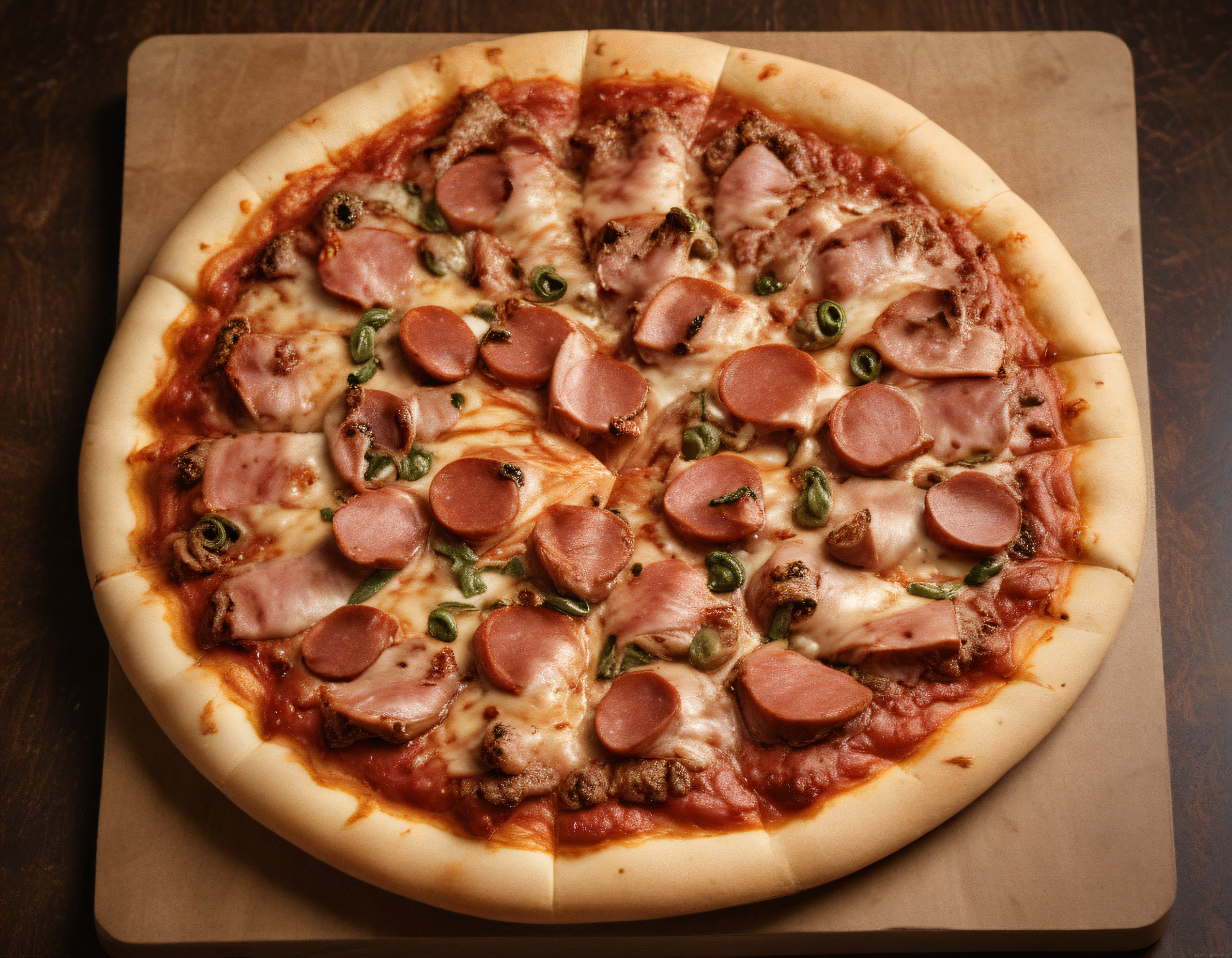 Ahşap Sunum Tahtası Üzerinde Fırından Yeni Çıkmış Bol Malzemeli Etli Pizza