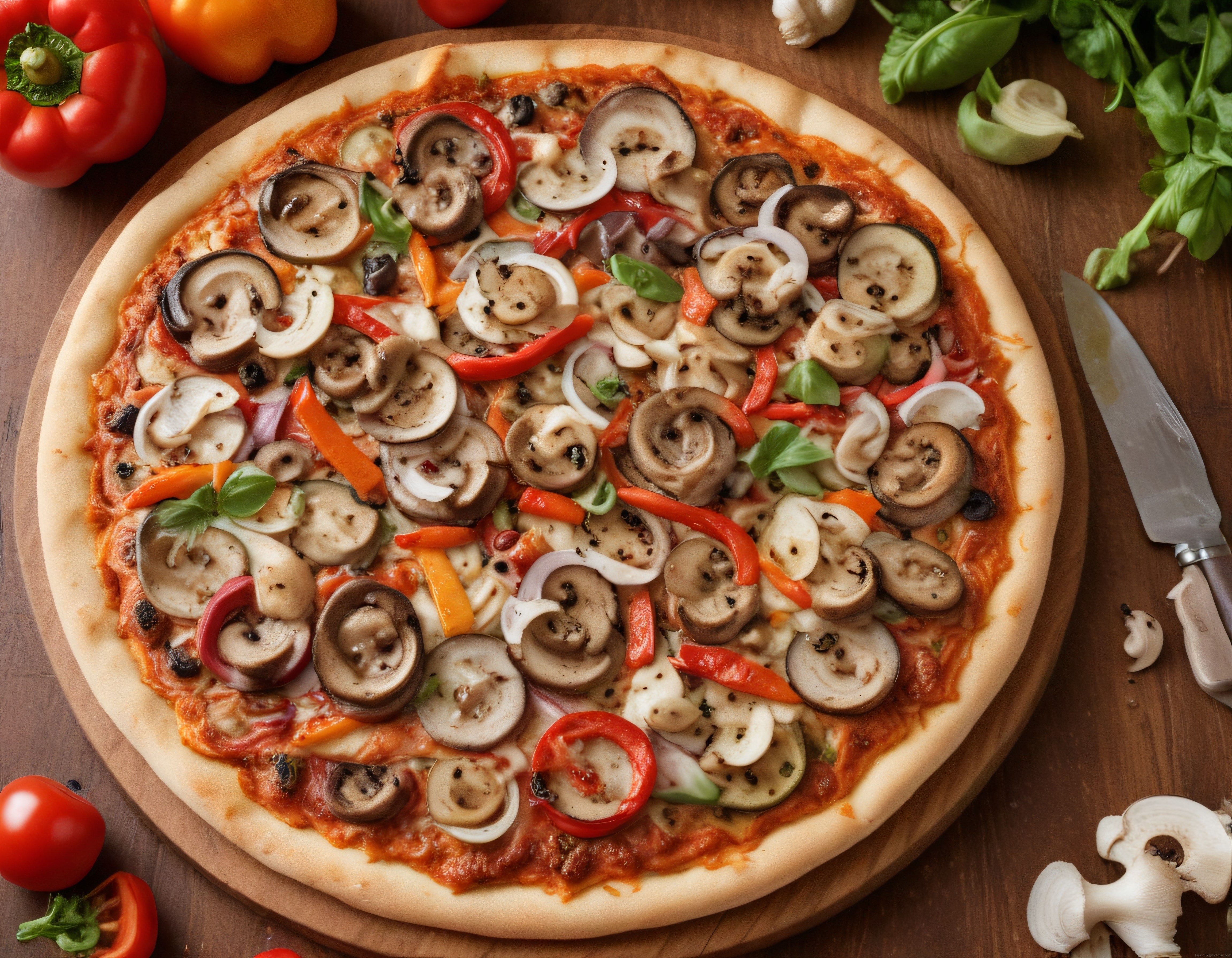 Ahşap Sunum Tahtası Üzerinde Fırından Yeni Çıkmış Bol Sebzeli Pizza