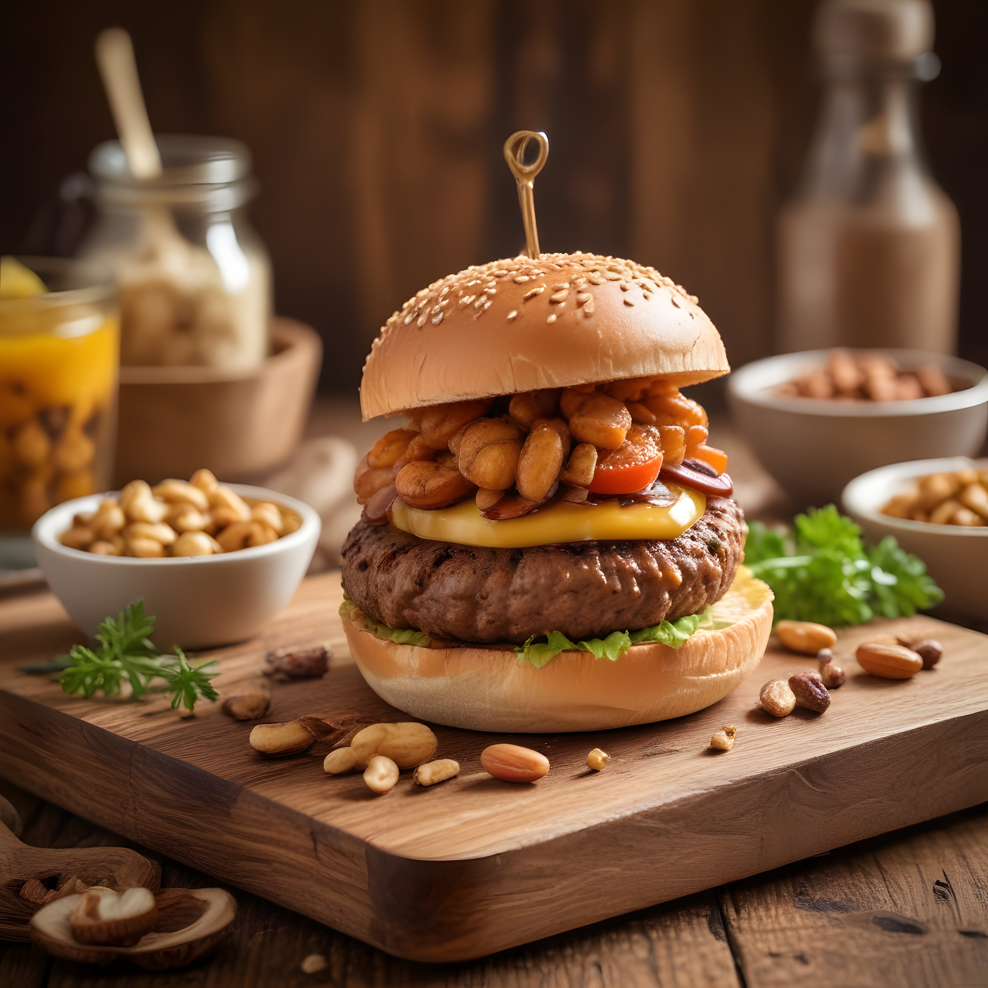 Ahşap Sunum Tahtası Üzerinde Fıstıklı ve Cevizli Nefis Gurme Burger