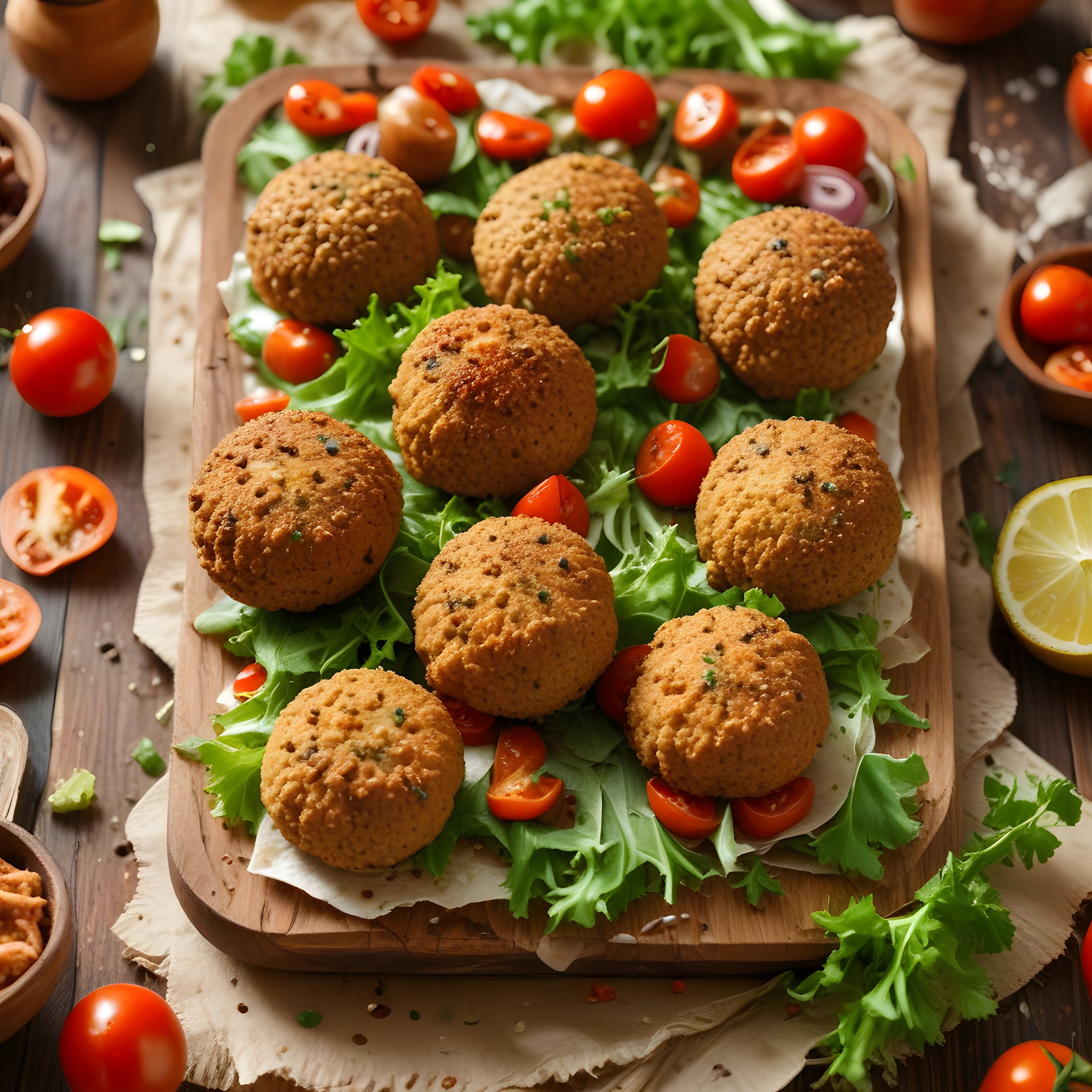 Ahşap Sunum Tahtası Üzerinde Galeta Kaplı Falafel Köfteleri ve Taze Yeşillik