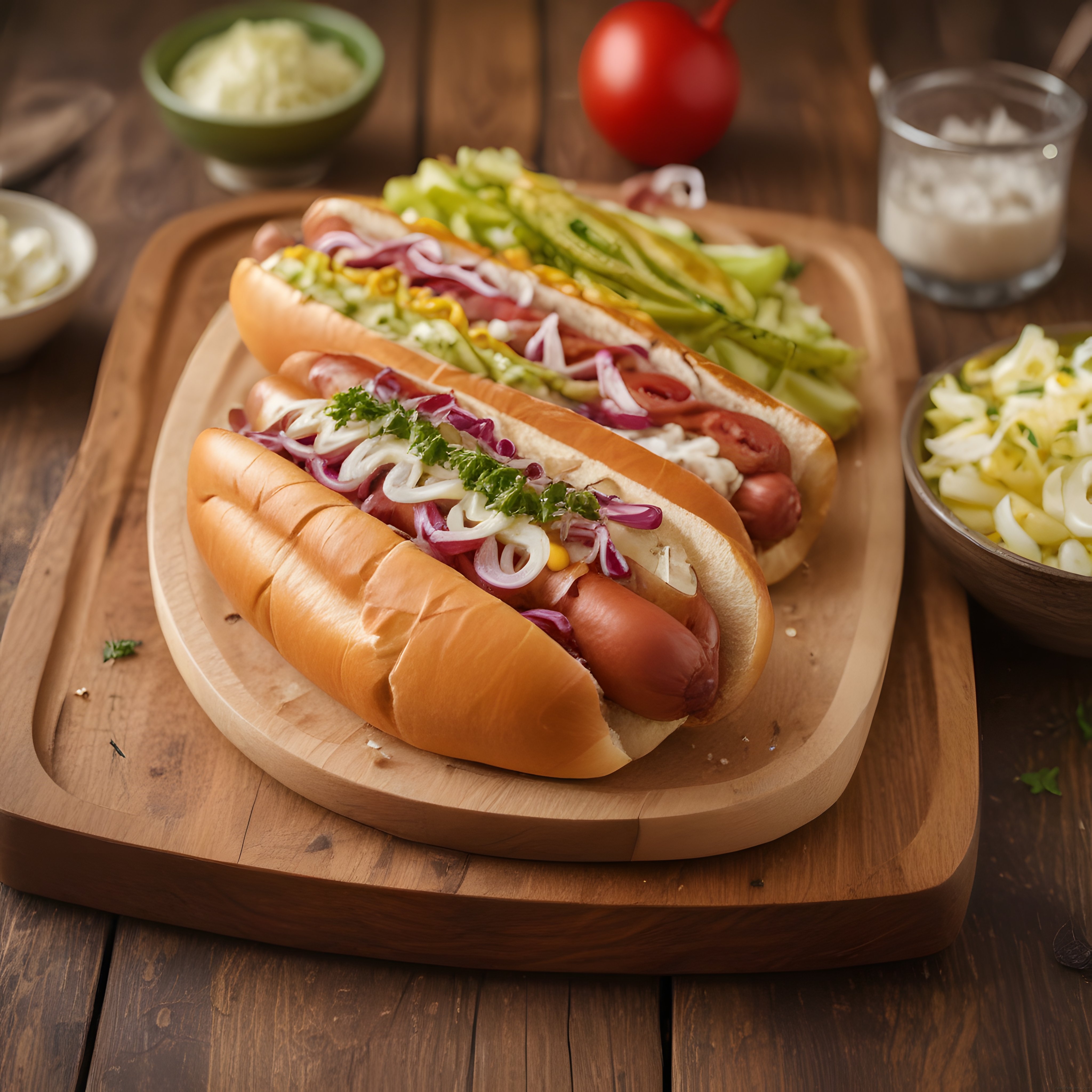 Ahşap Sunum Tahtası Üzerinde Garnitürlü Hot Dog ve Patates Salatası