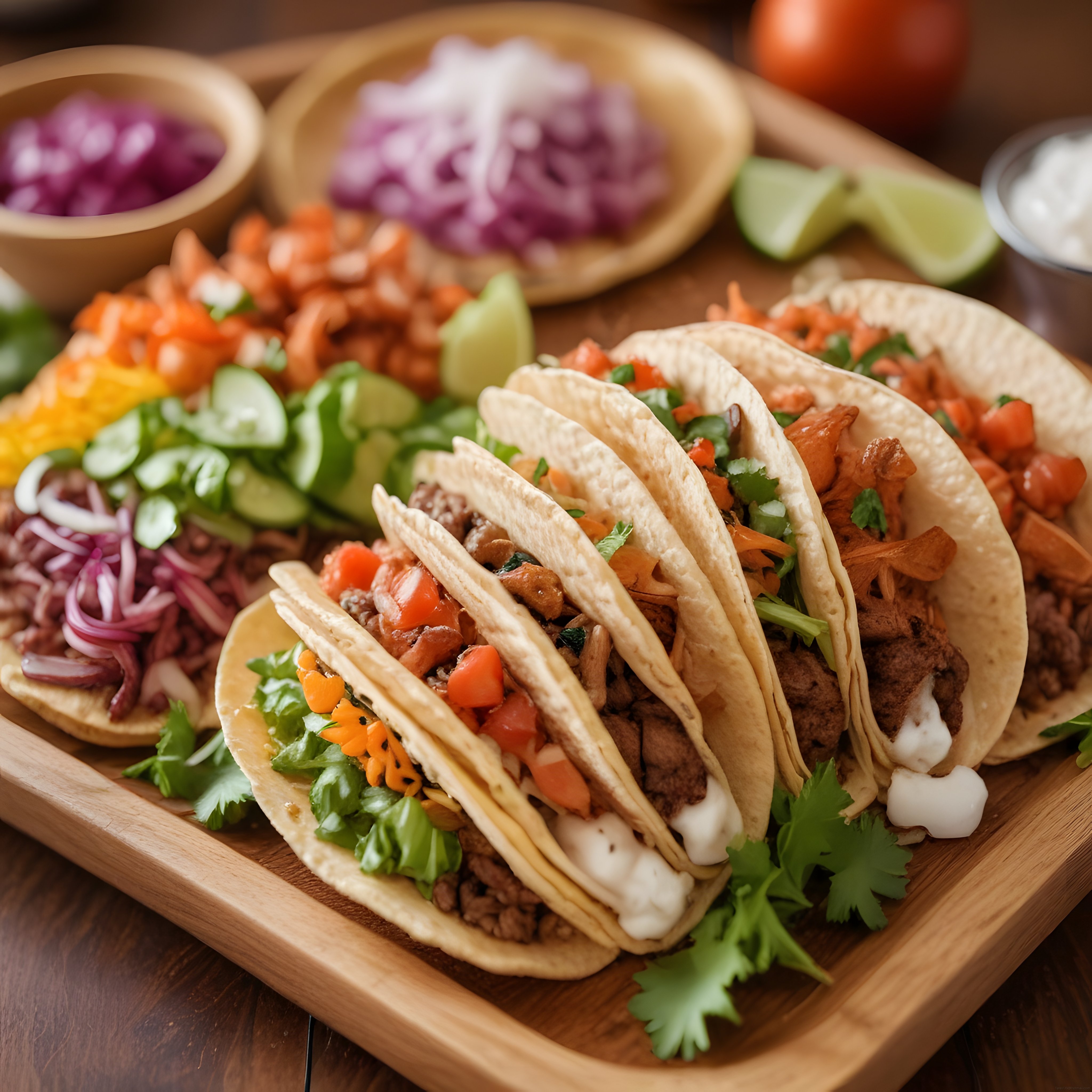 Ahşap sunum tahtası üzerinde garnitürlü meksika taco çeşitleri