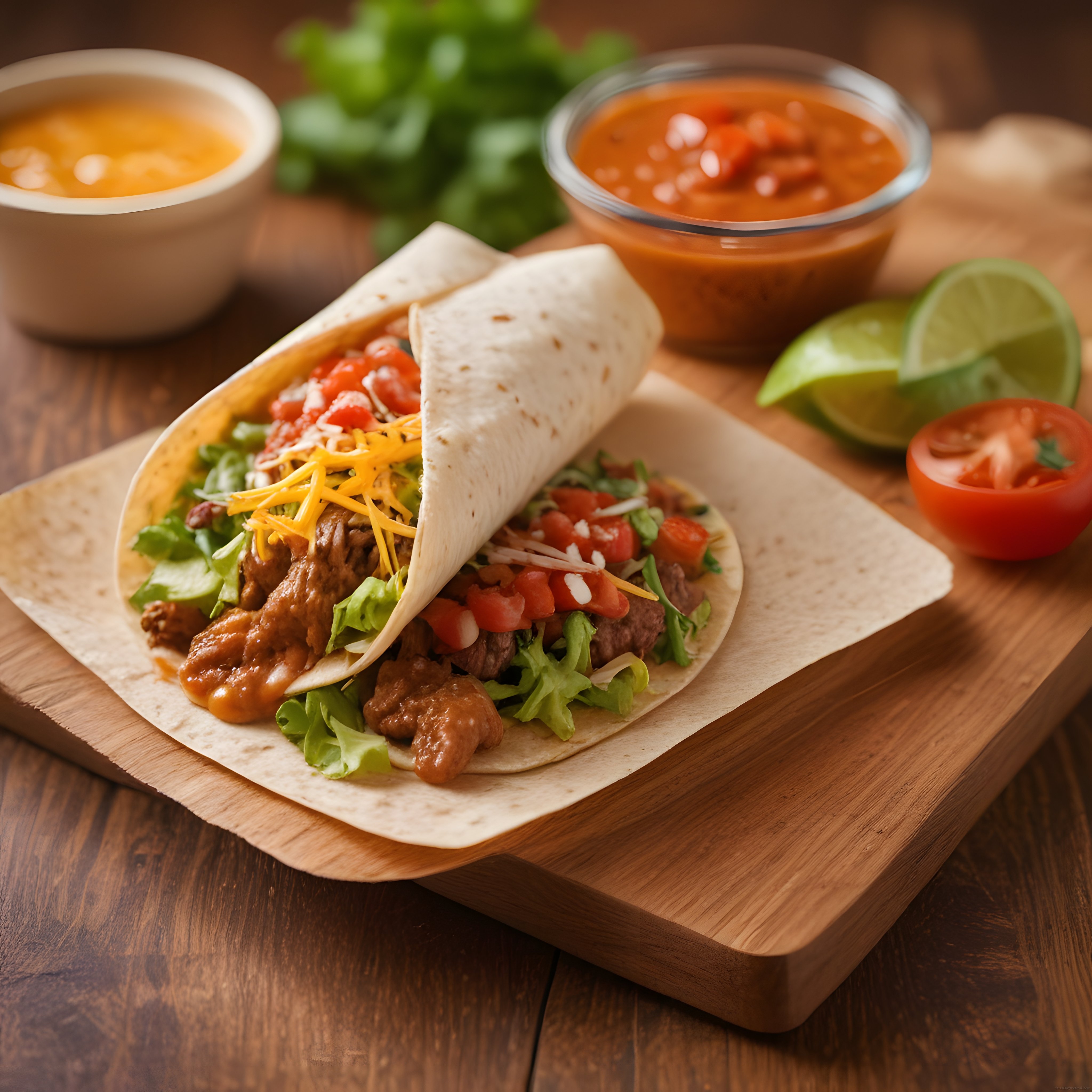 Ahşap sunum tahtası üzerinde garnitürlü taco ve salsa sos ile meksika lezzetleri