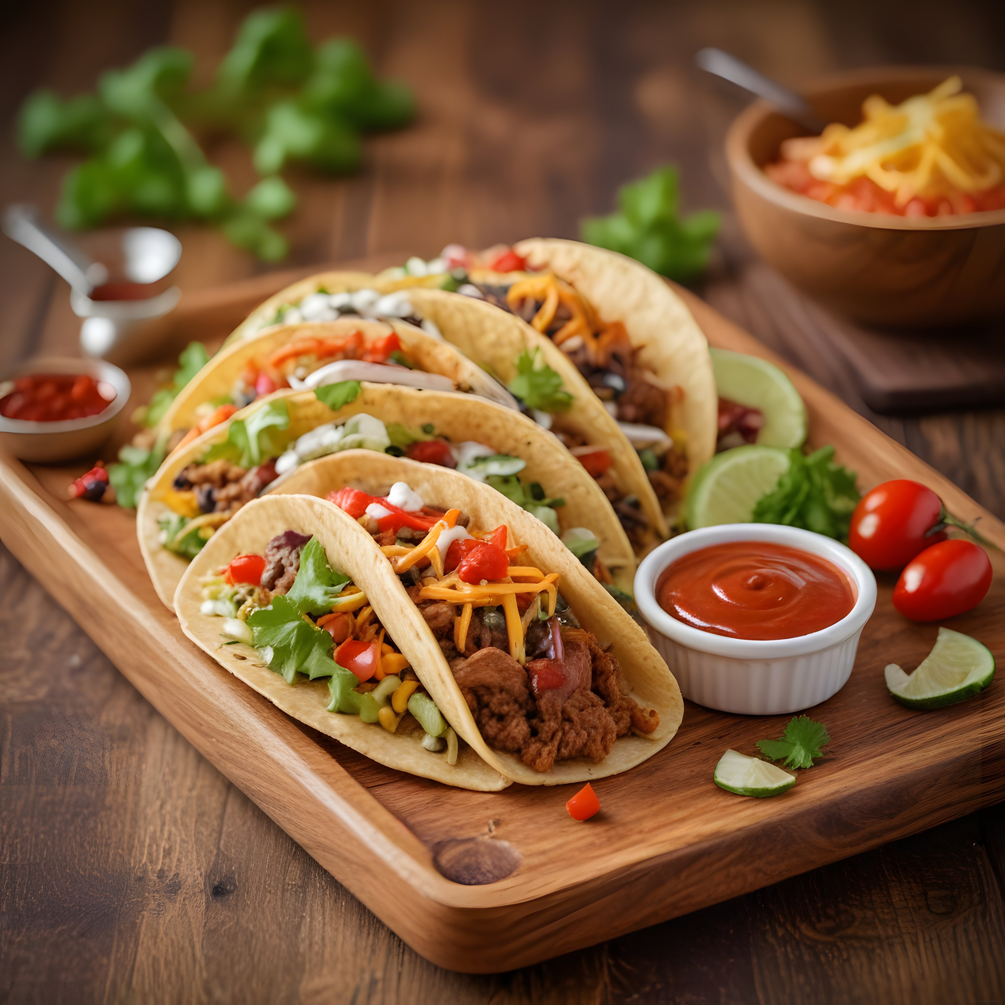 Ahşap Sunum Tahtası Üzerinde Geleneksel Meksika Tacos ve Soslar