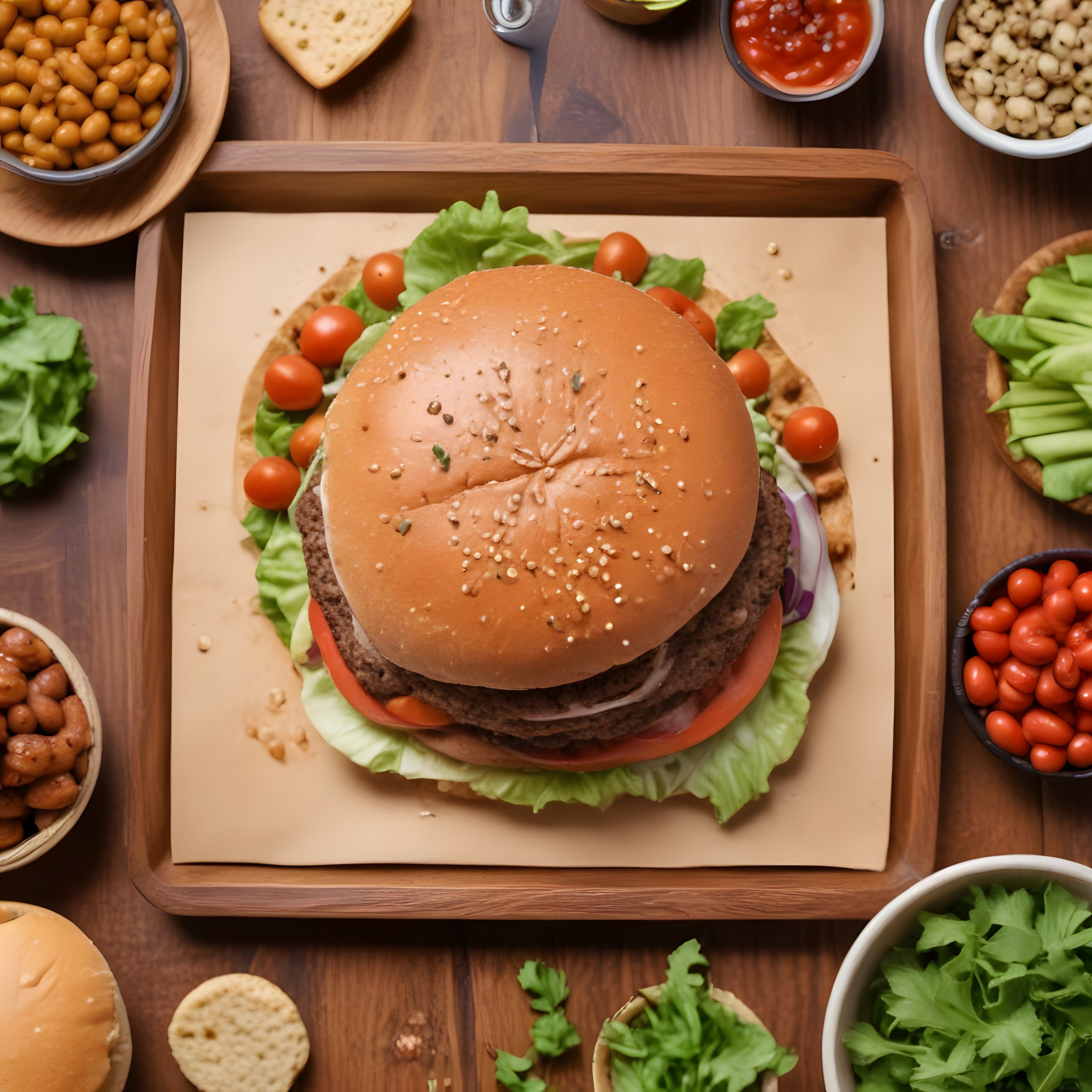 Ahşap Sunum Tahtası Üzerinde Gourmet Hamburger ve Yanında Taze Malzemeler