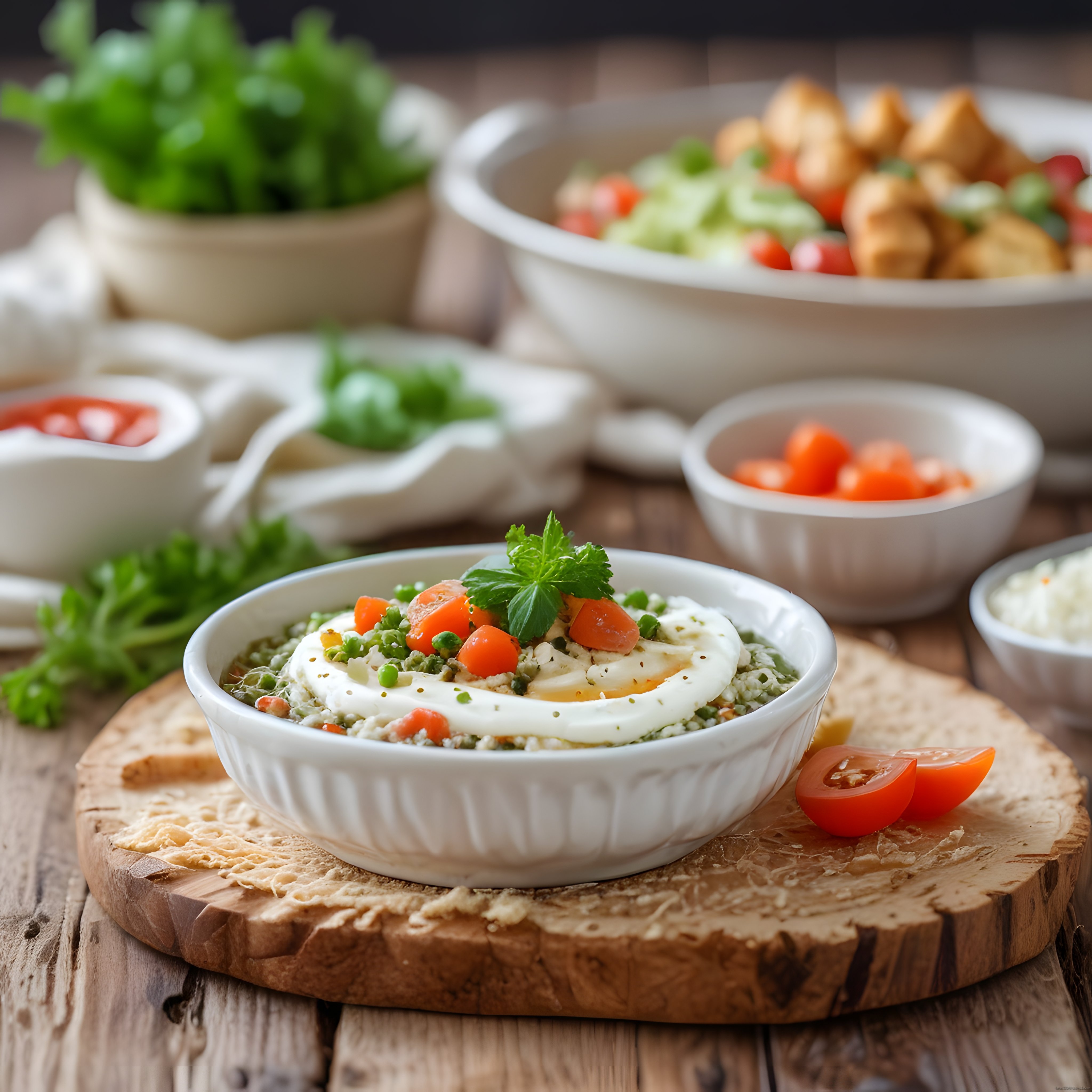 Ahşap Sunum Tahtası Üzerinde Gourmet Kahvaltı Kasesi ve Meze Çeşitleri