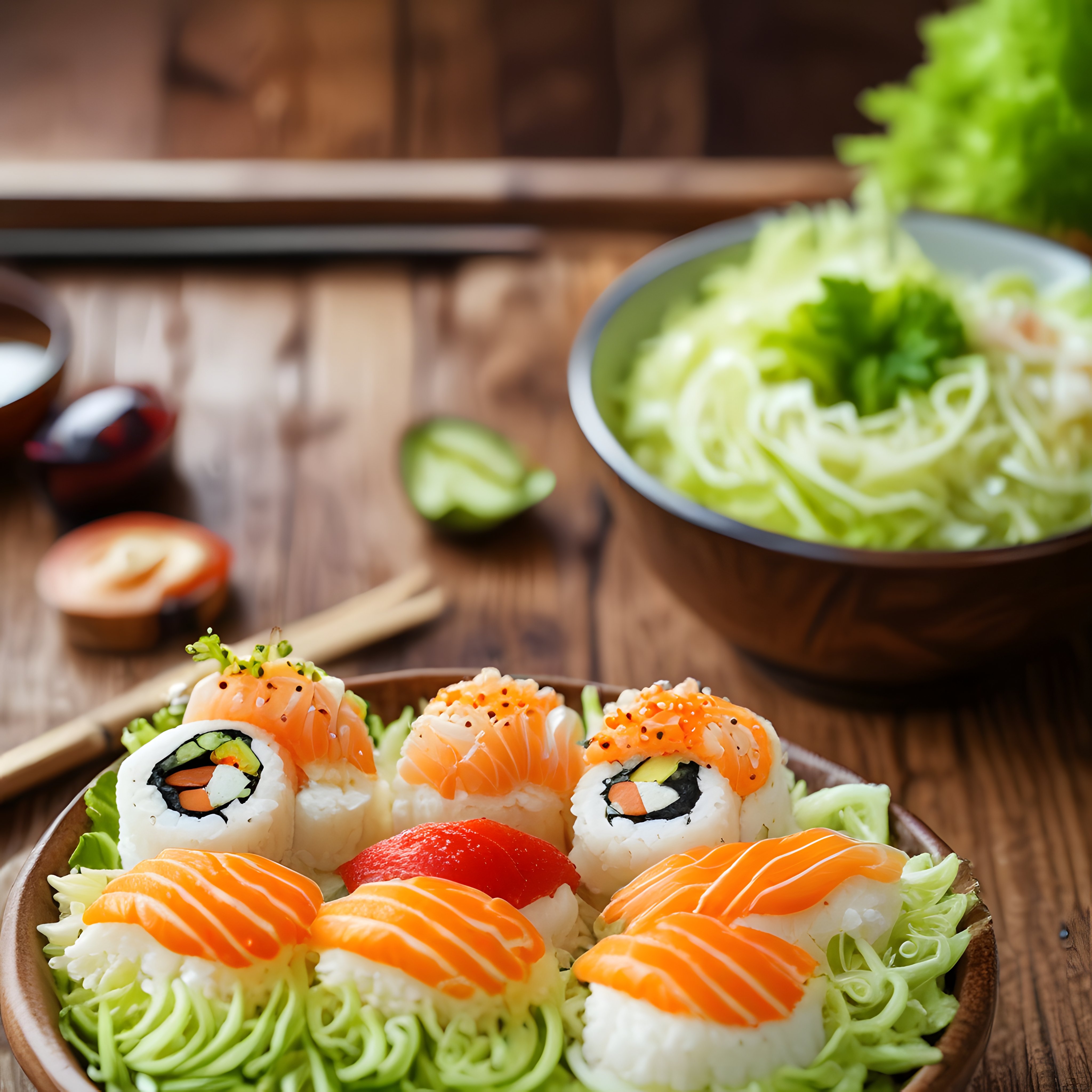 Ahşap Sunum Tahtası Üzerinde Göz Alıcı Somon Sushi ve Salata Eşliği