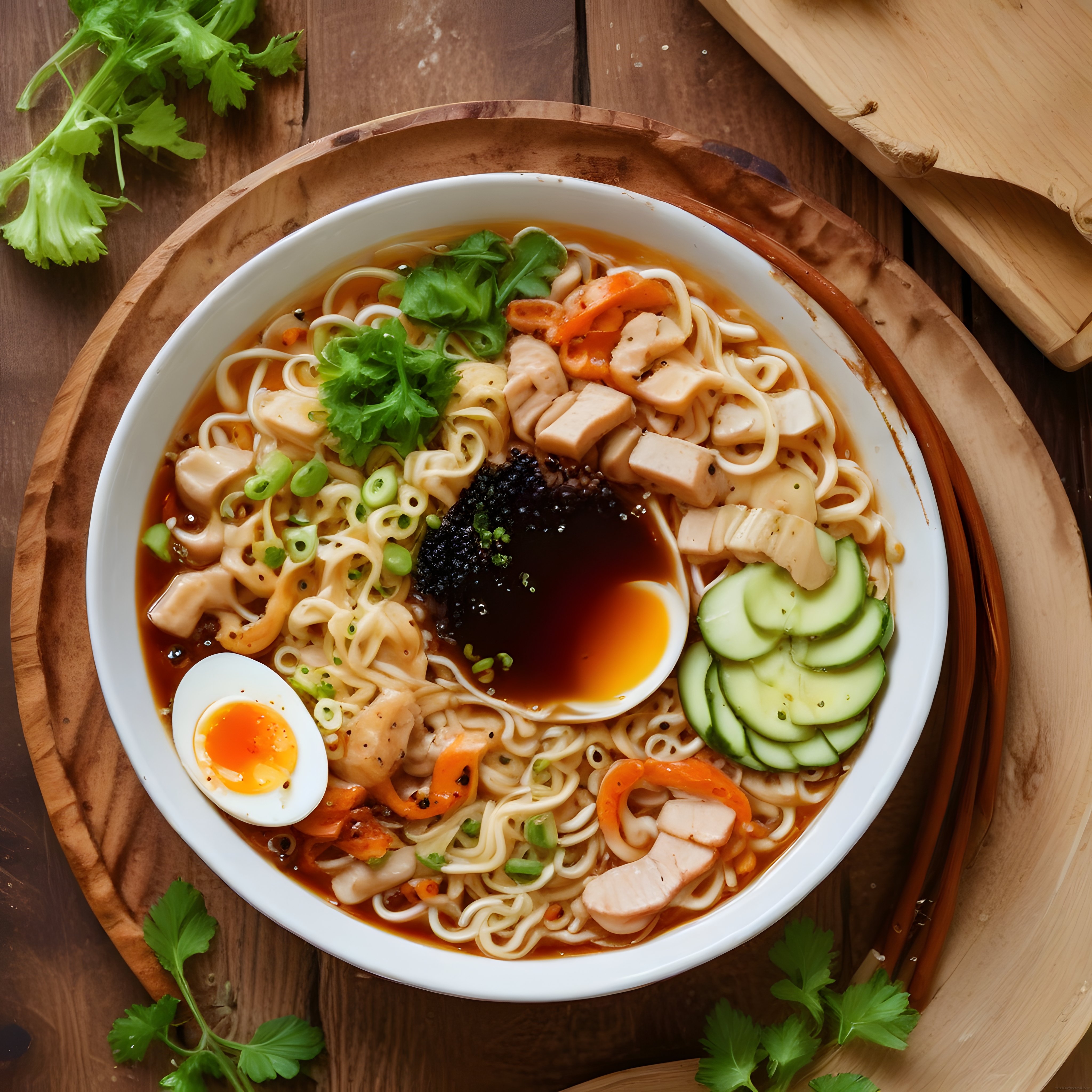 Ahşap Sunum Tahtası Üzerinde Göz Alıcı Tavuklu Ramen Çorbası ve Taze Yeşillikler