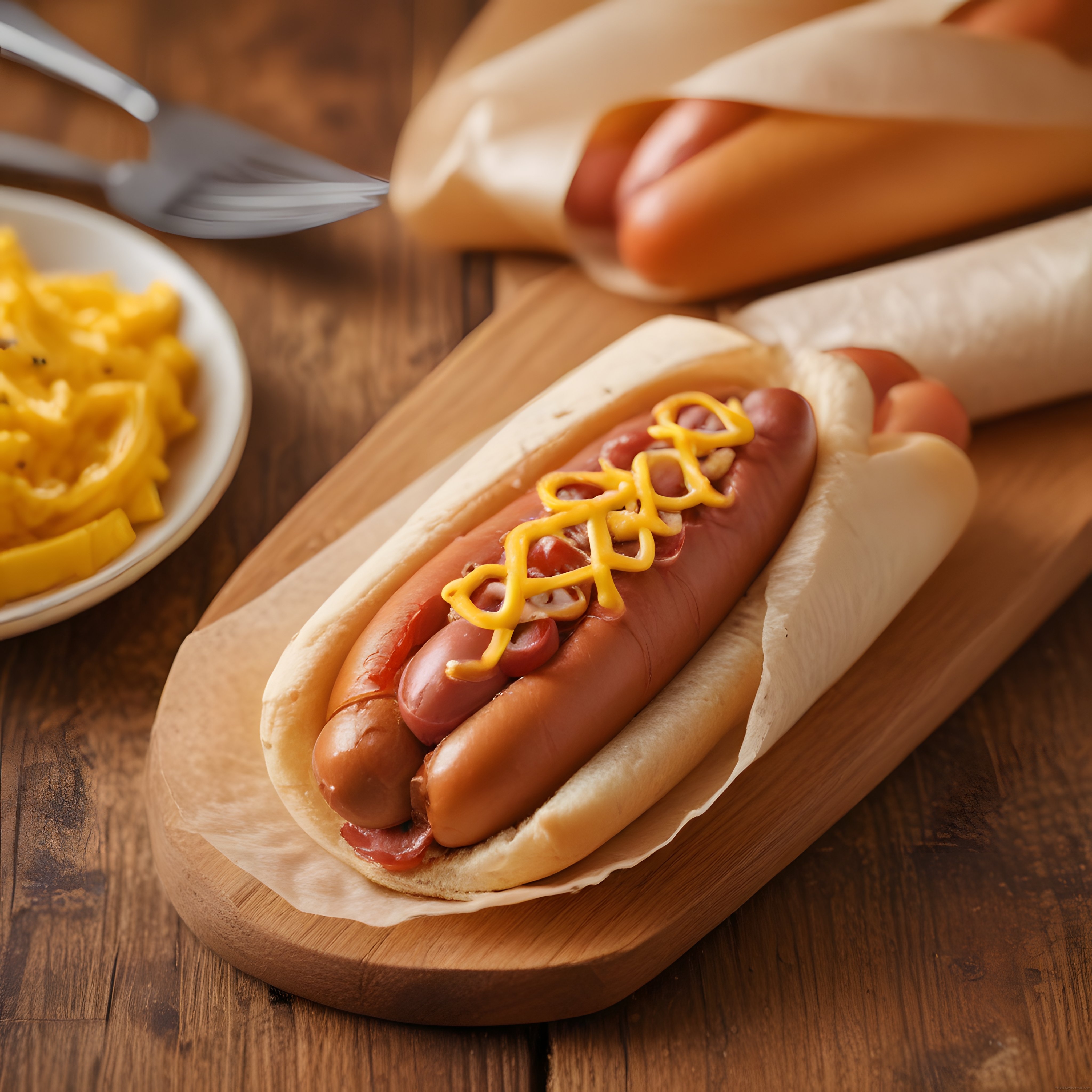Ahşap Sunum Tahtası Üzerinde Hardallı Ketçaplı Sosisli Hot Dog