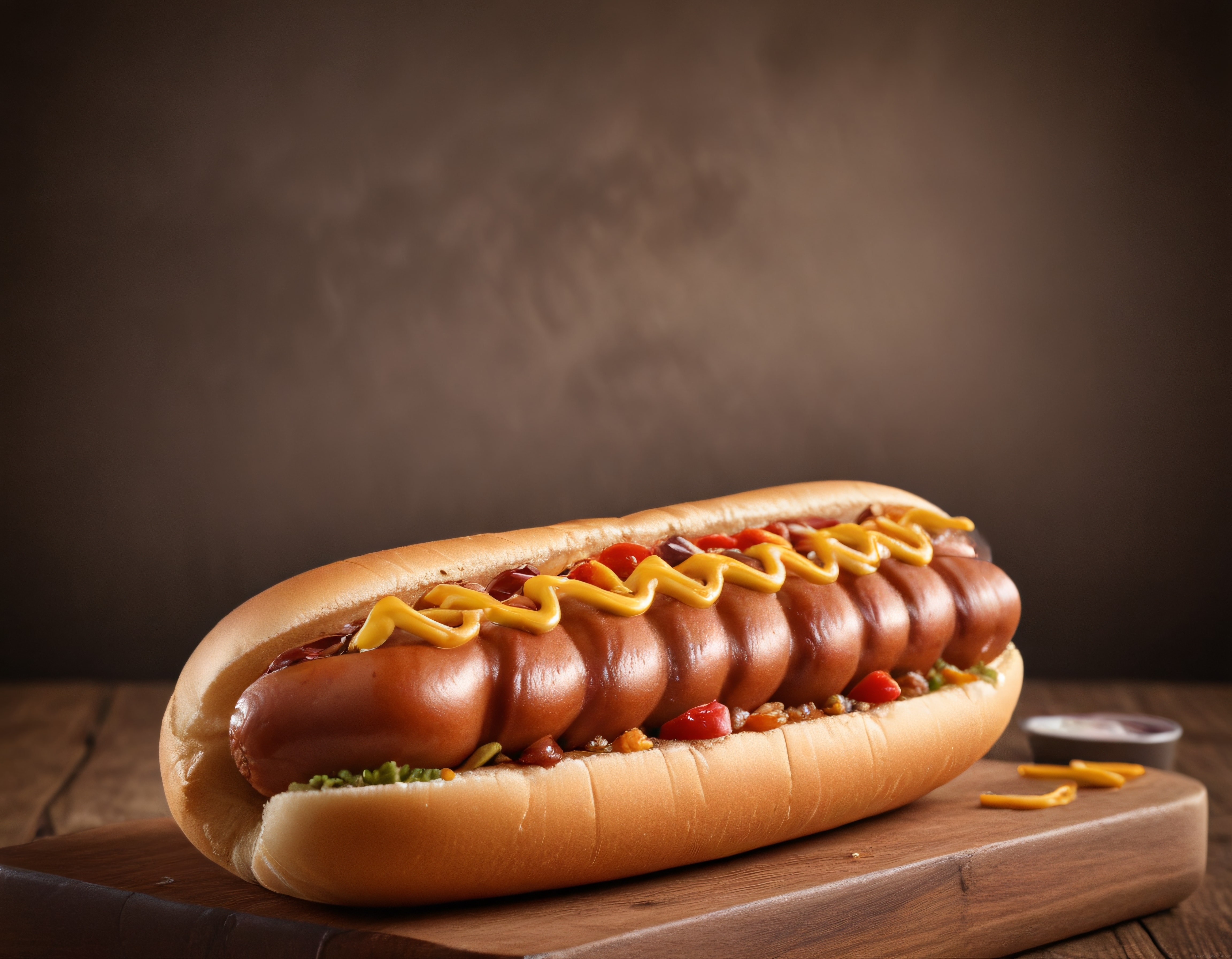 Ahşap Sunum Tahtası Üzerinde Hardallı ve Ketçaplı Klasik Amerikan Hot Dog