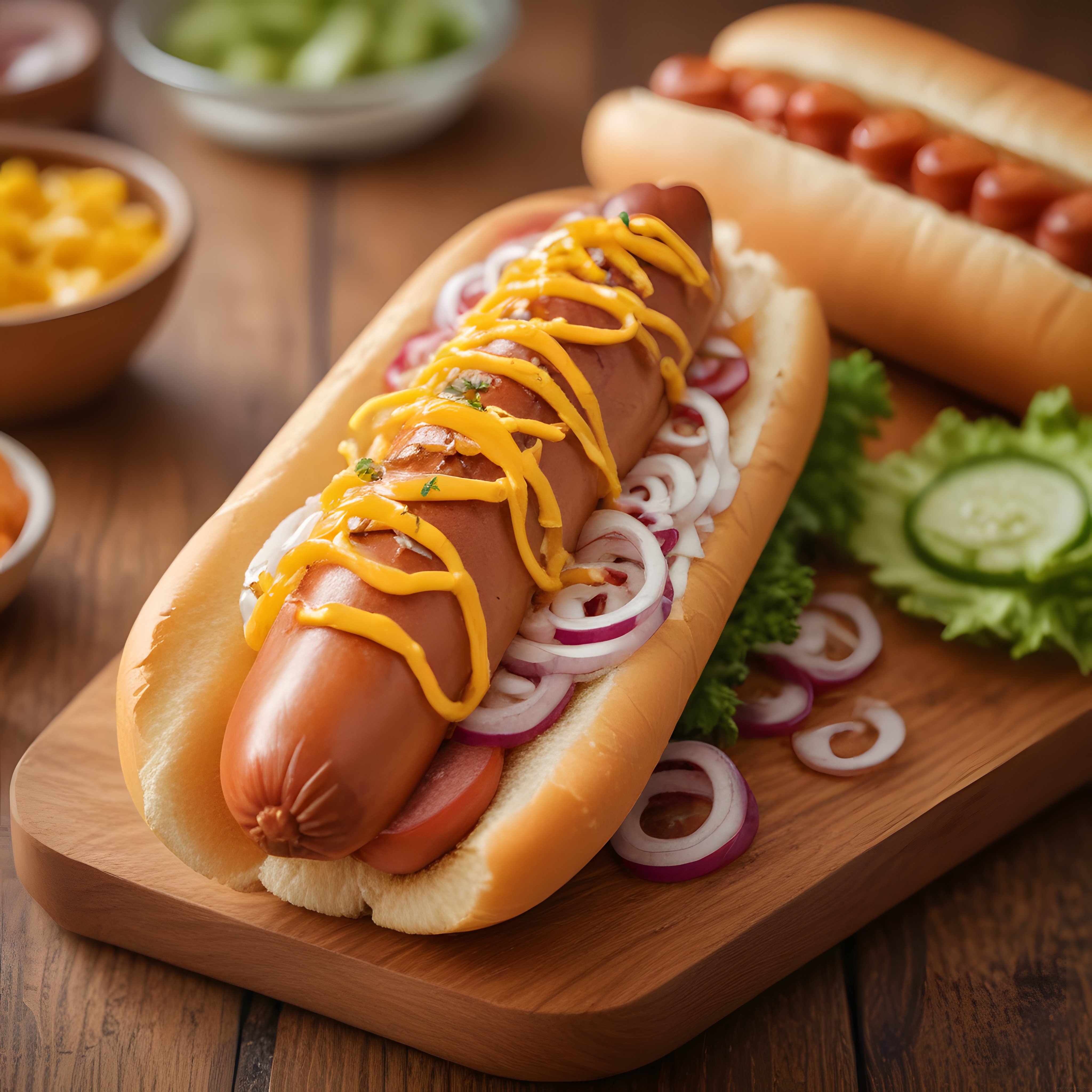 Ahşap sunum tahtası üzerinde hardallı ve soğanlı lezzetli hot dog