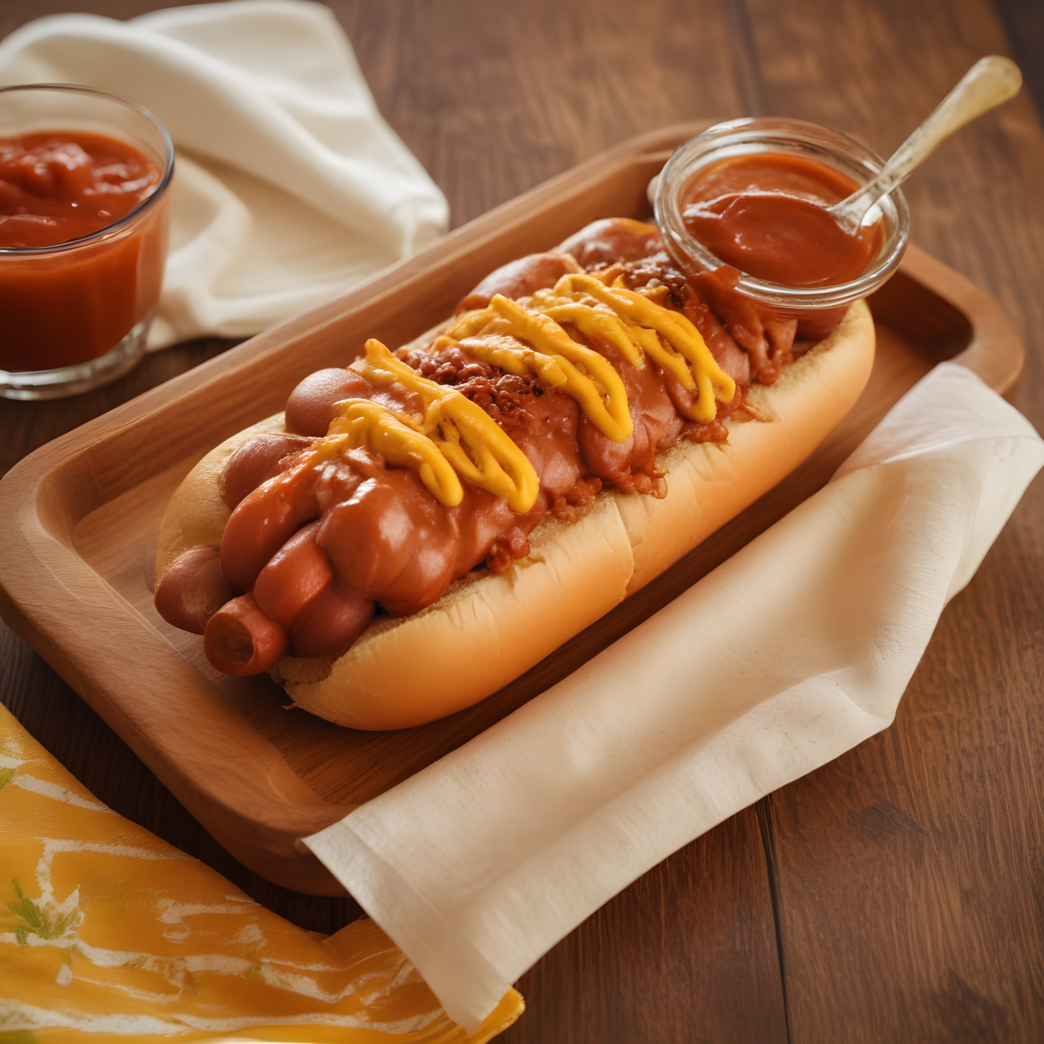 Ahşap Sunum Tahtası Üzerinde Hardallı ve Soslu Klasik Amerikan Hot Dog