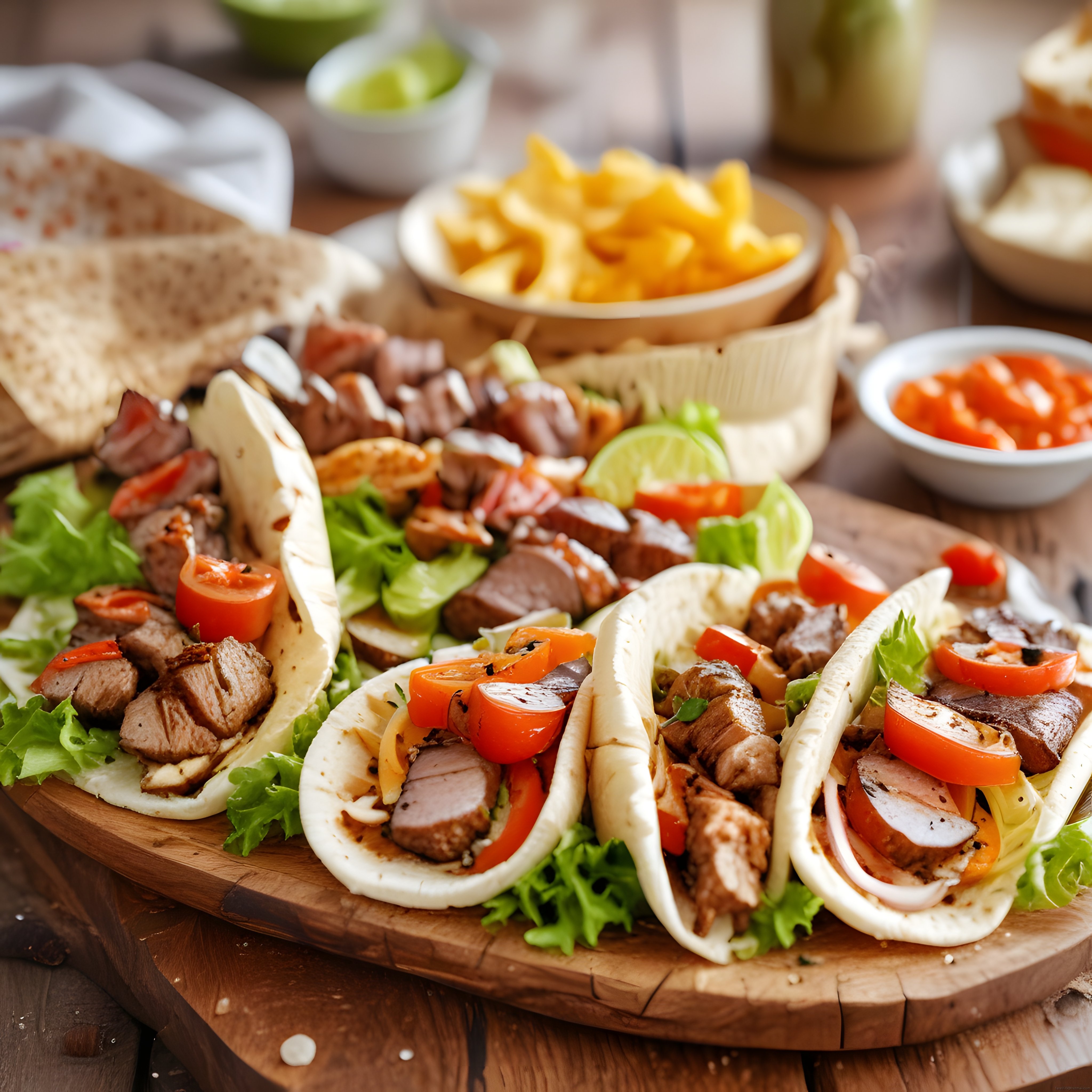 Ahşap sunum tahtası üzerinde hazırlanmış etli tacos ve patates kızartması