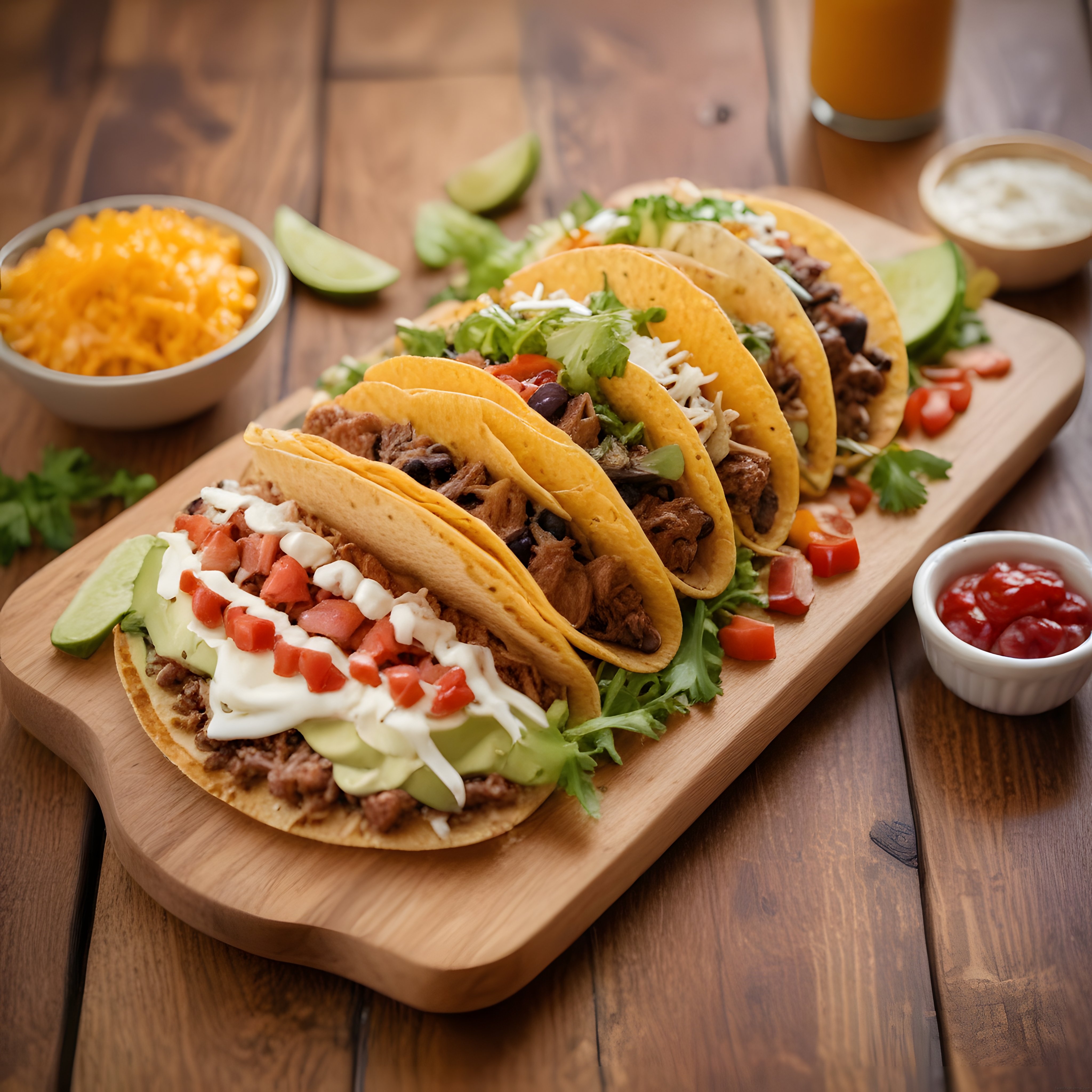 Ahşap Sunum Tahtası Üzerinde Hazırlanmış Lezzetli ve Renkli Taco Çeşitleri