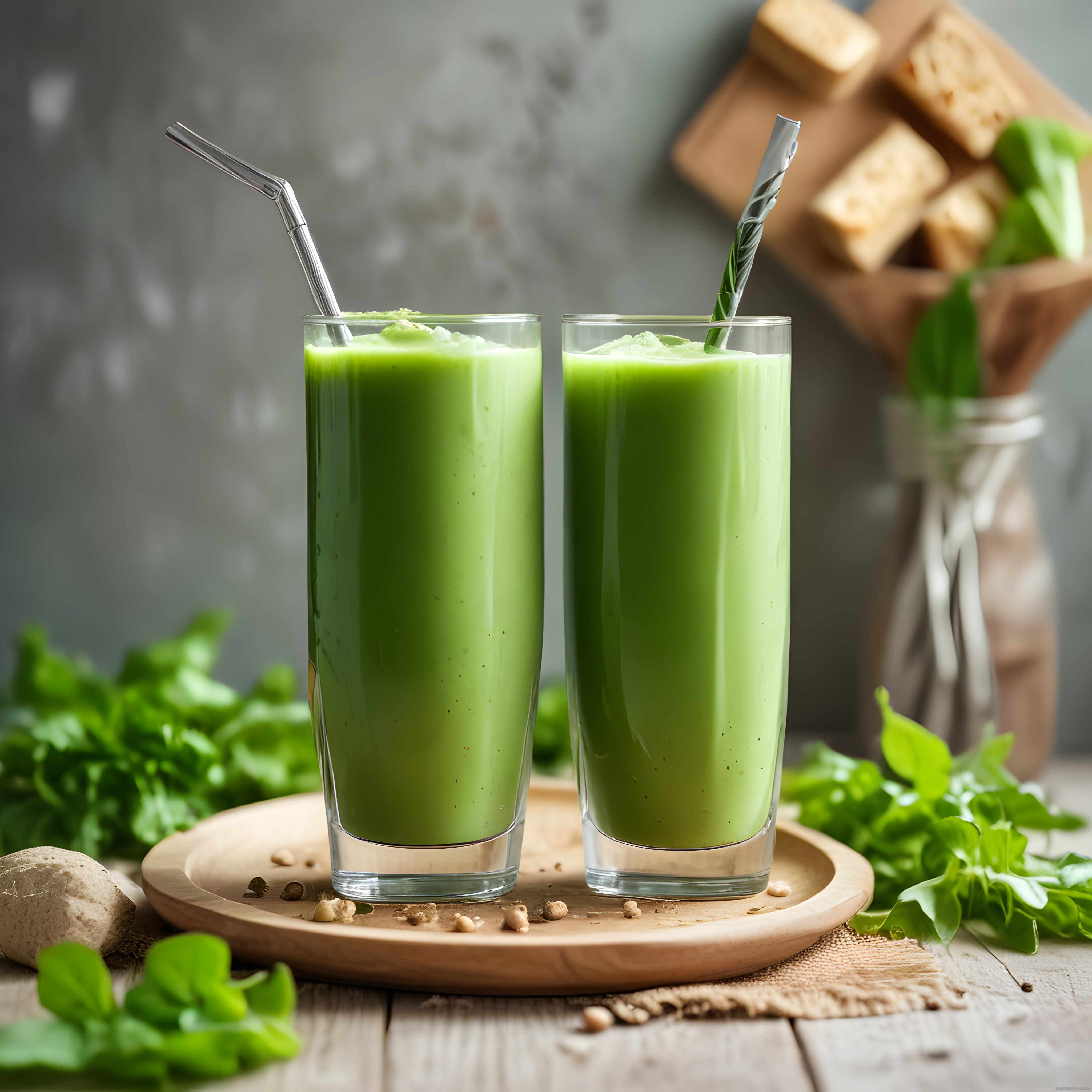 Ahşap Sunum Tahtası Üzerinde İki Bardak Yeşil Smoothie ve Taze Yeşillikler