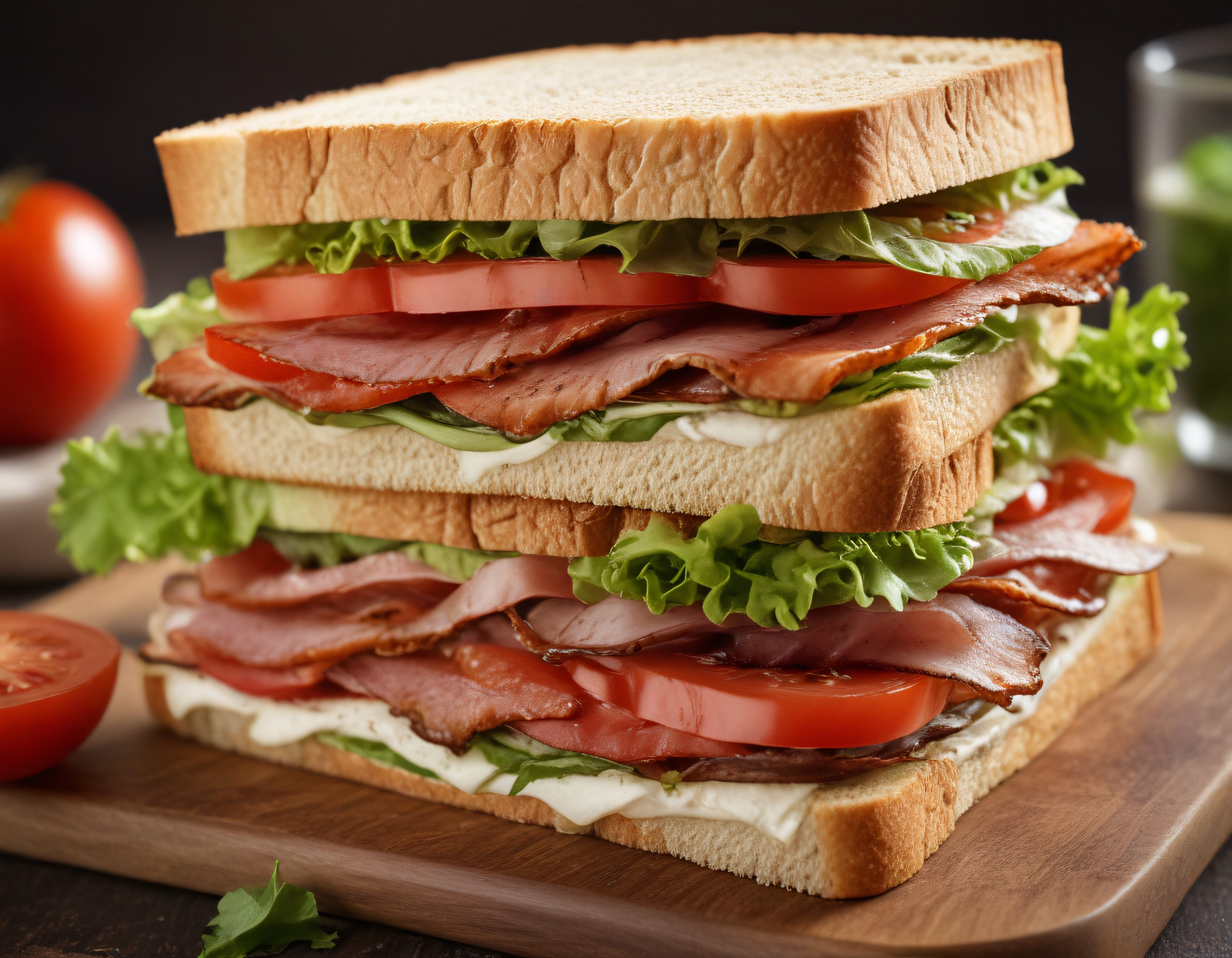 Ahşap Sunum Tahtası Üzerinde İki Katlı Bacon ve Domatesli Gourmet Sandviç