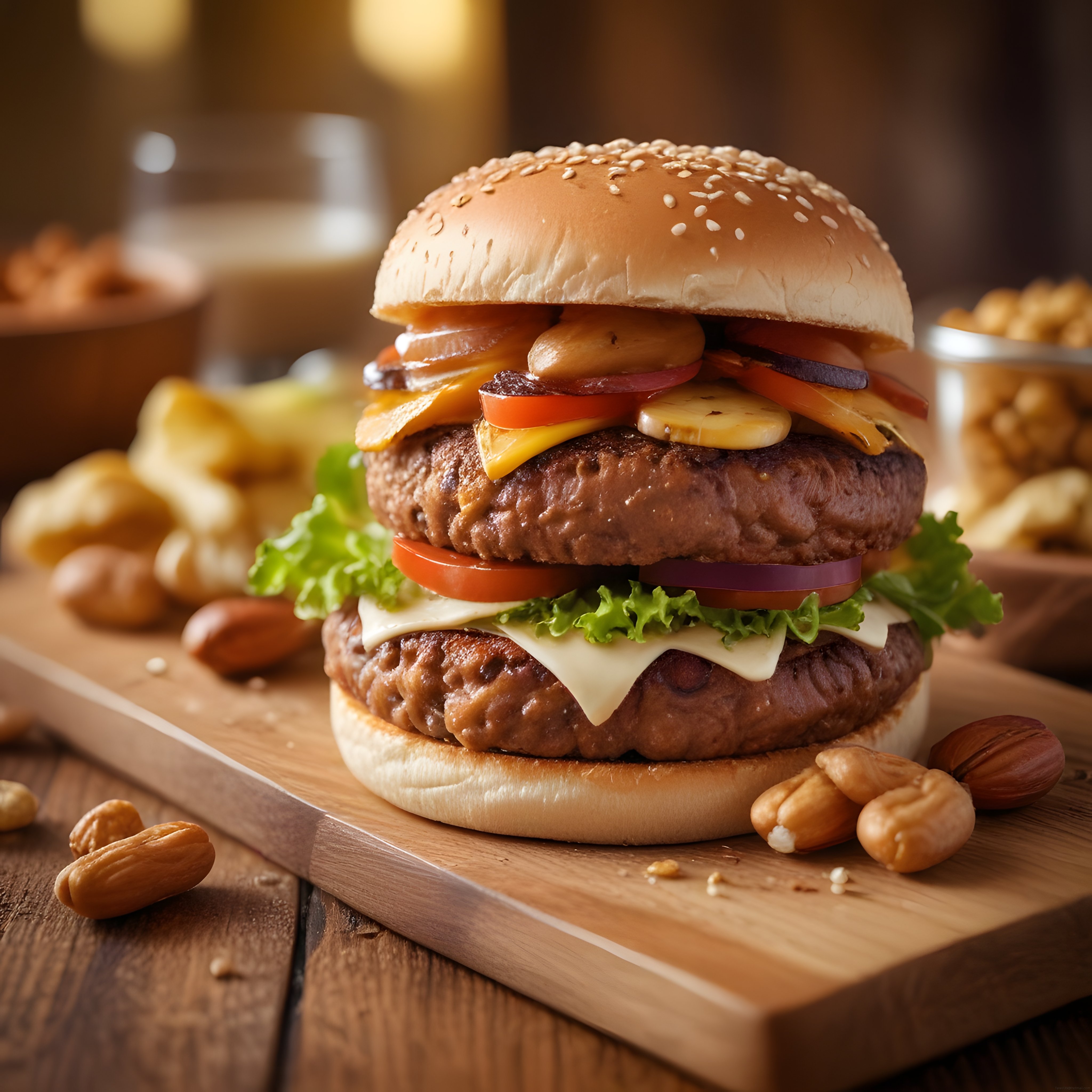 Ahşap Sunum Tahtası Üzerinde İki Katlı Bol Malzemeli Gurme Burger