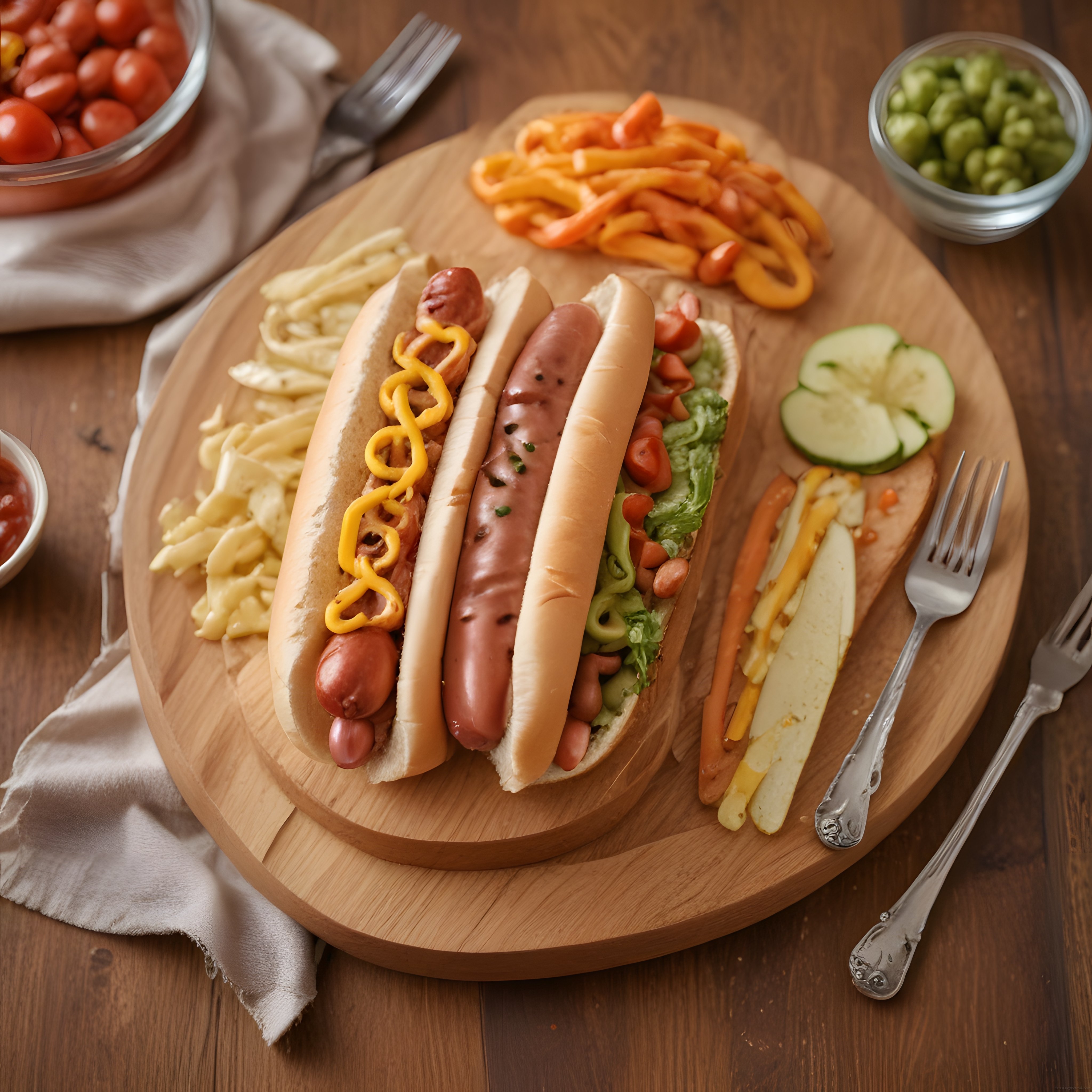 Ahşap Sunum Tahtası Üzerinde İki Lezzetli Hot Dog ve Garnitürleri