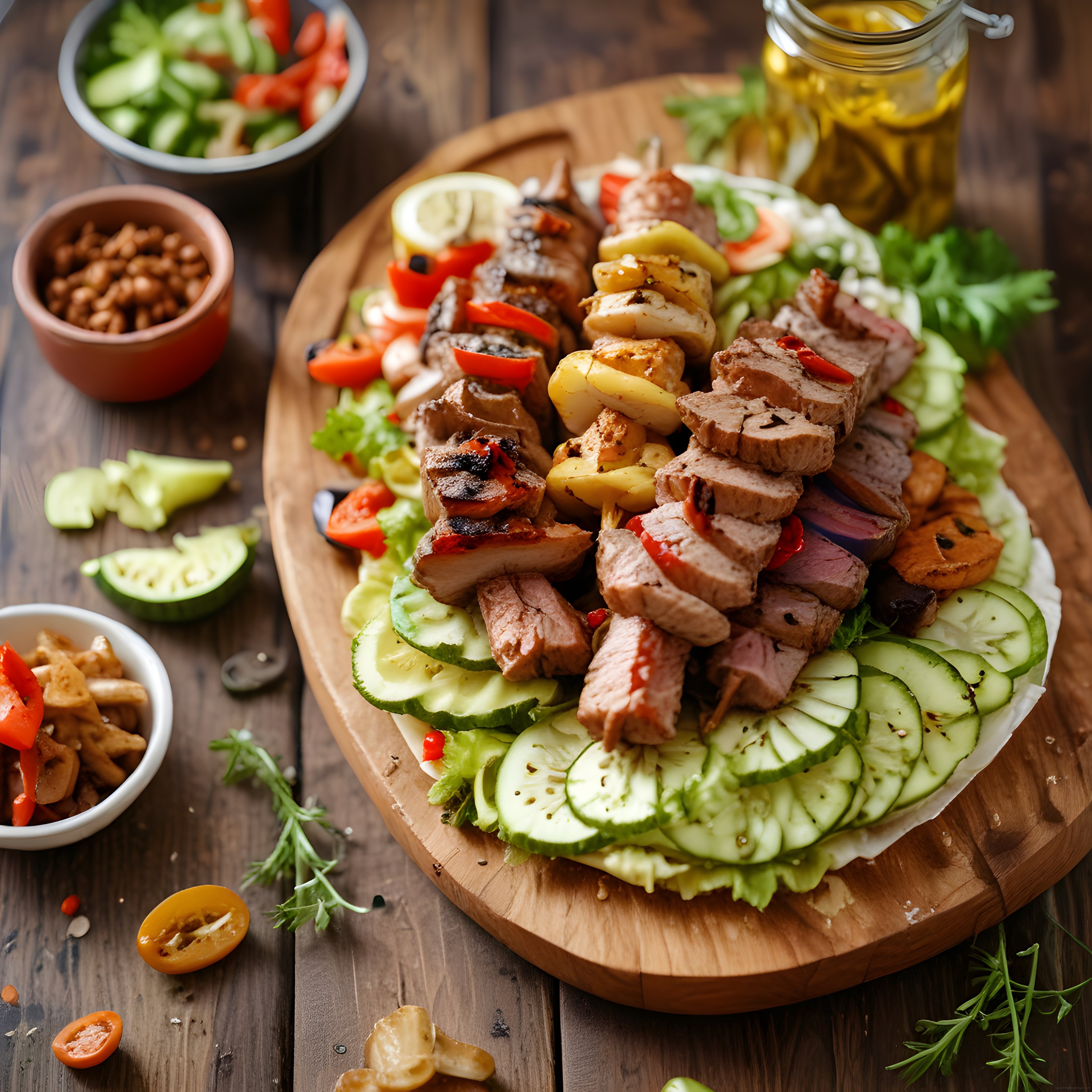 Ahşap sunum tahtası üzerinde ızgara et şiş kebap ve renkli taze sebzeler