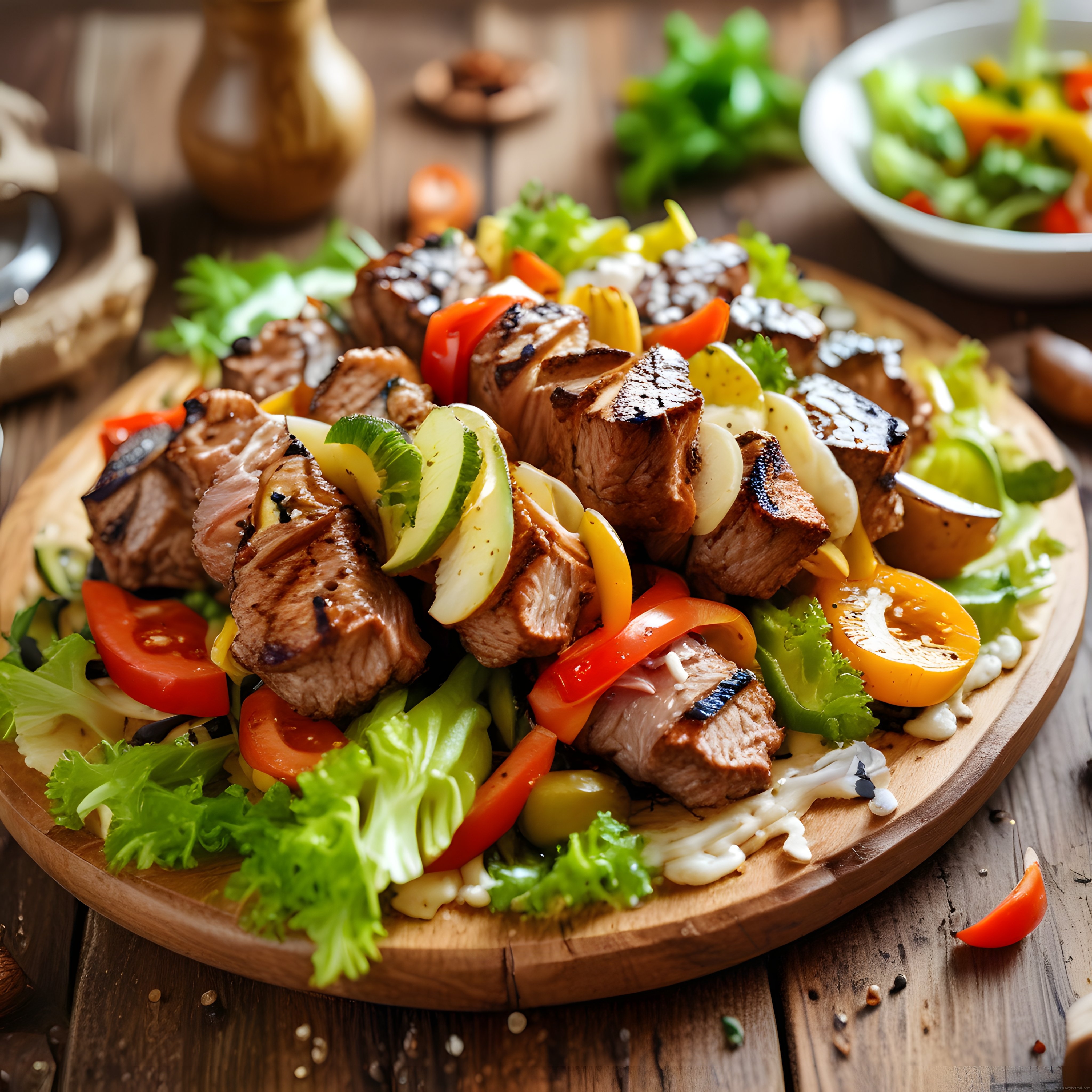 Ahşap Sunum Tahtası Üzerinde Izgara Et Şiş ve Renkli Sebze Süslemesi