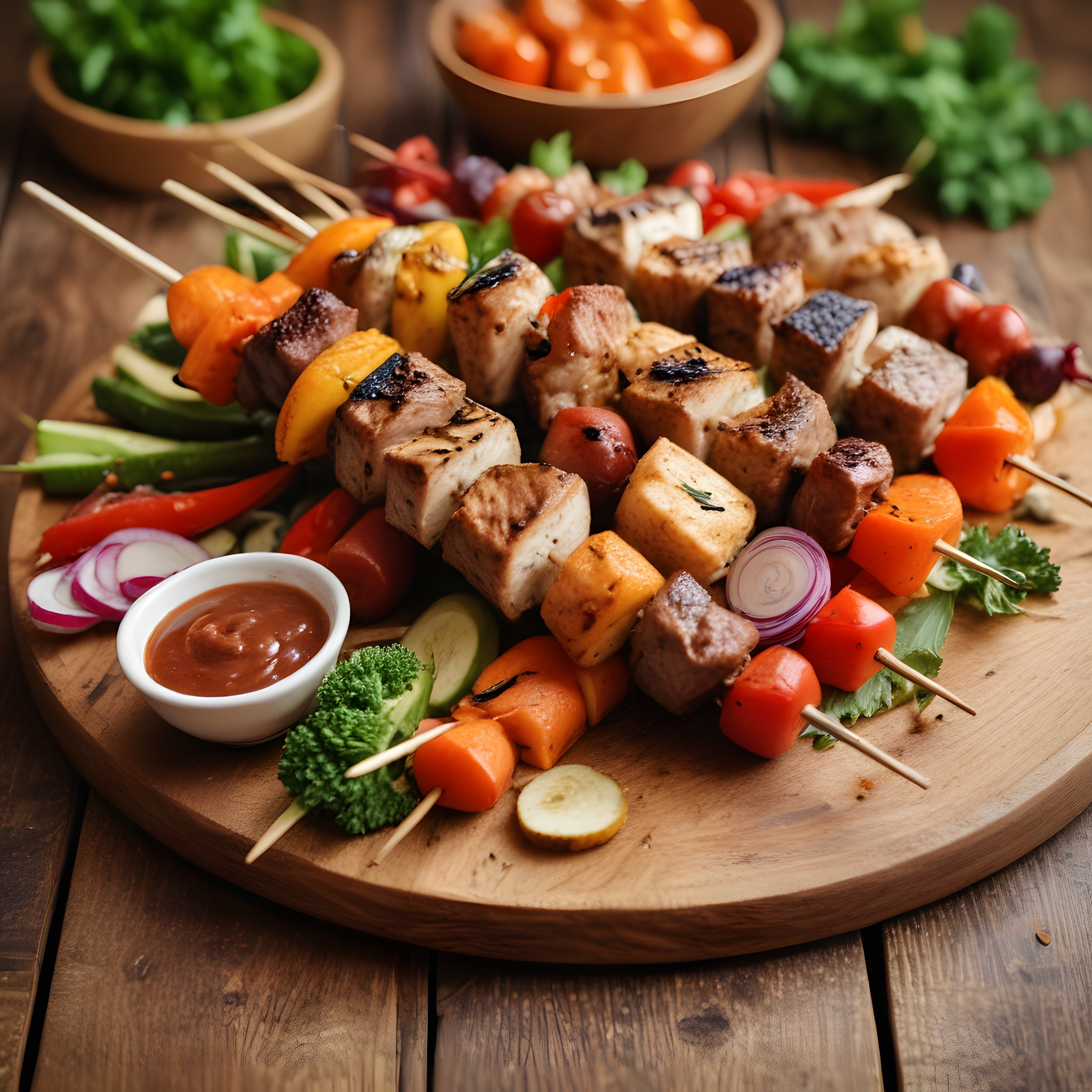 Ahşap Sunum Tahtası Üzerinde Izgara Et ve Sebzeli Şiş Kebap