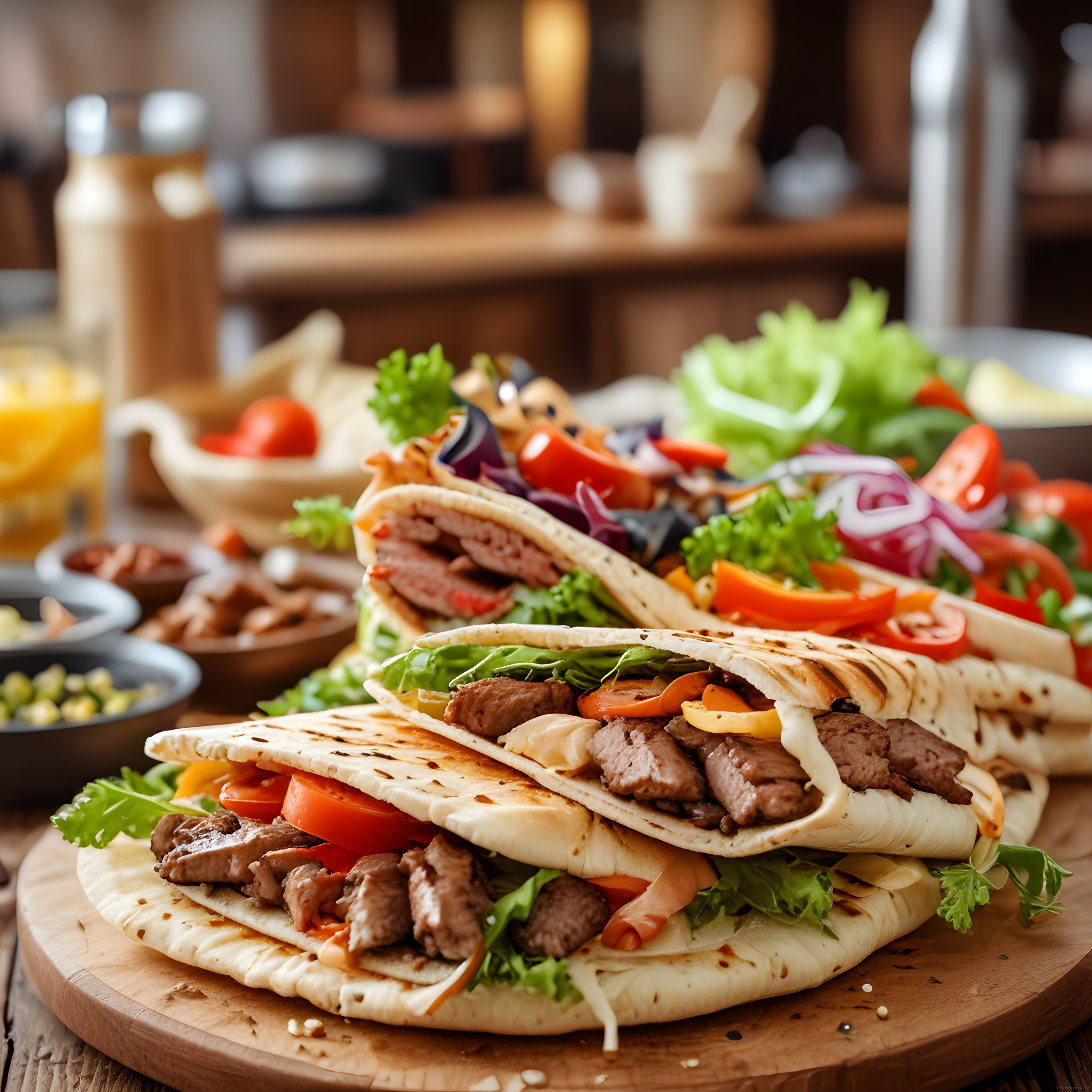 Ahşap sunum tahtası üzerinde ızgara etli dürüm ve renkli sebzeli taco lezzetleri