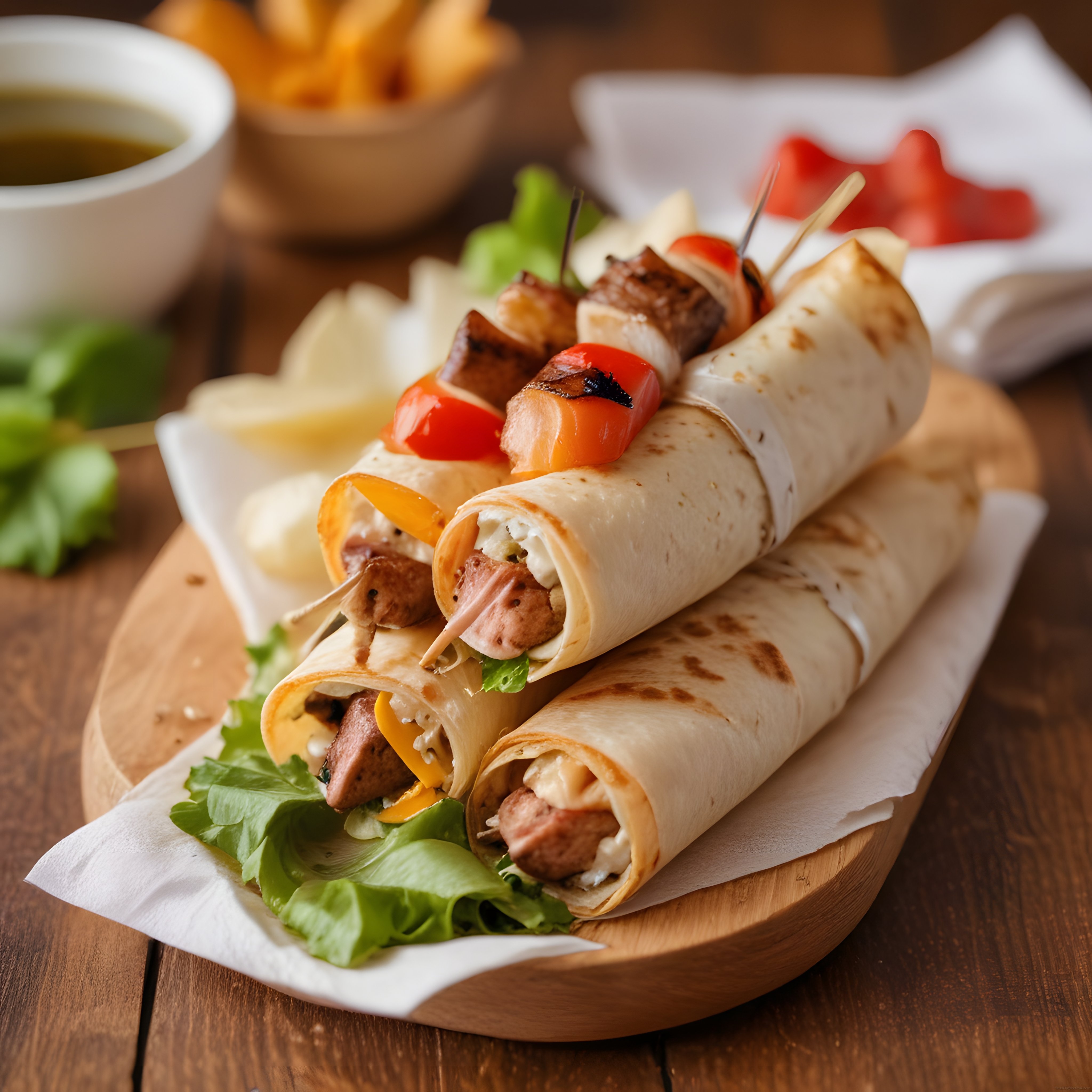 Ahşap Sunum Tahtası Üzerinde Izgara Etli ve Sebzeli Gourmet Tortilla Wrap