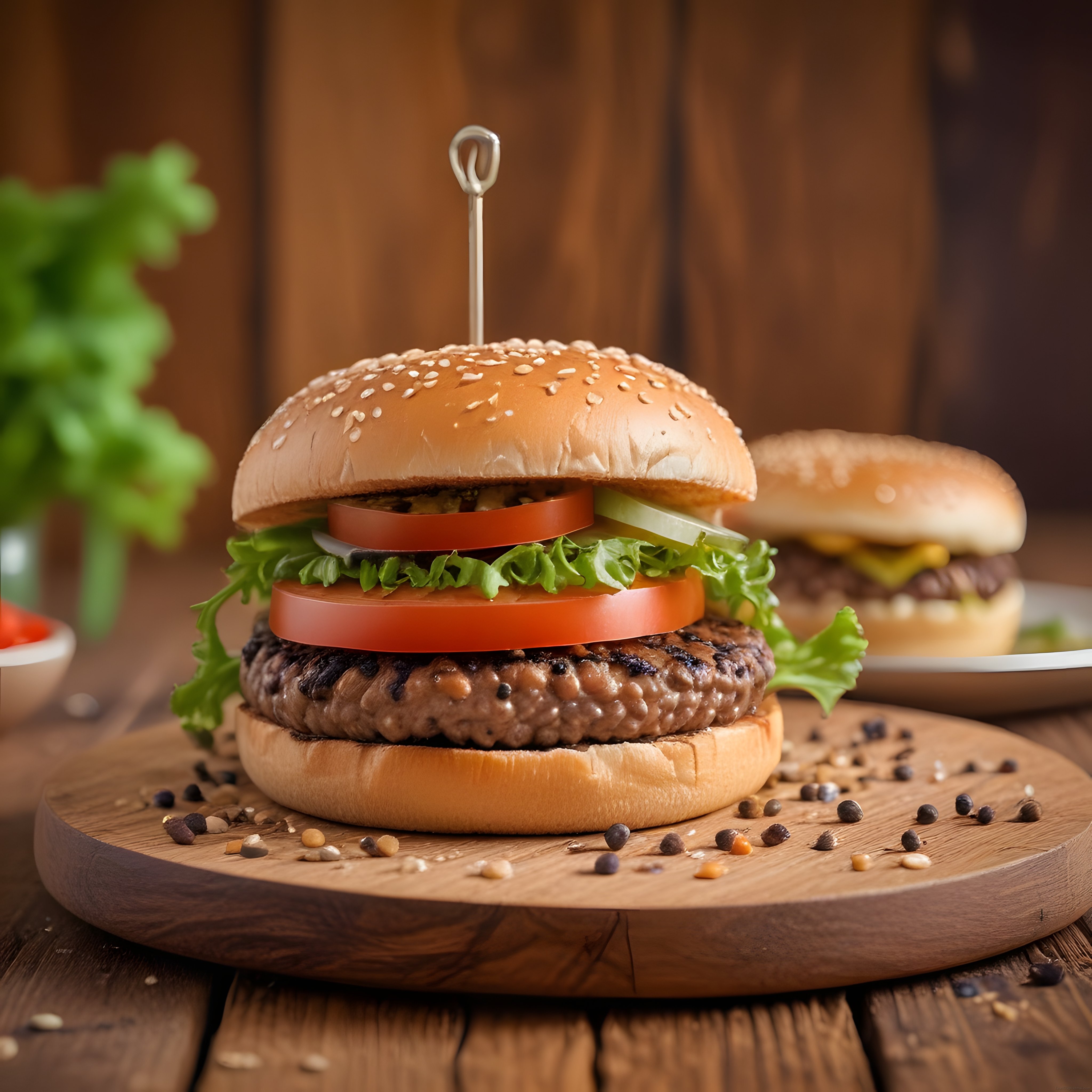 Ahşap sunum tahtası üzerinde ızgara köfteli taze sebzeli gurme hamburger