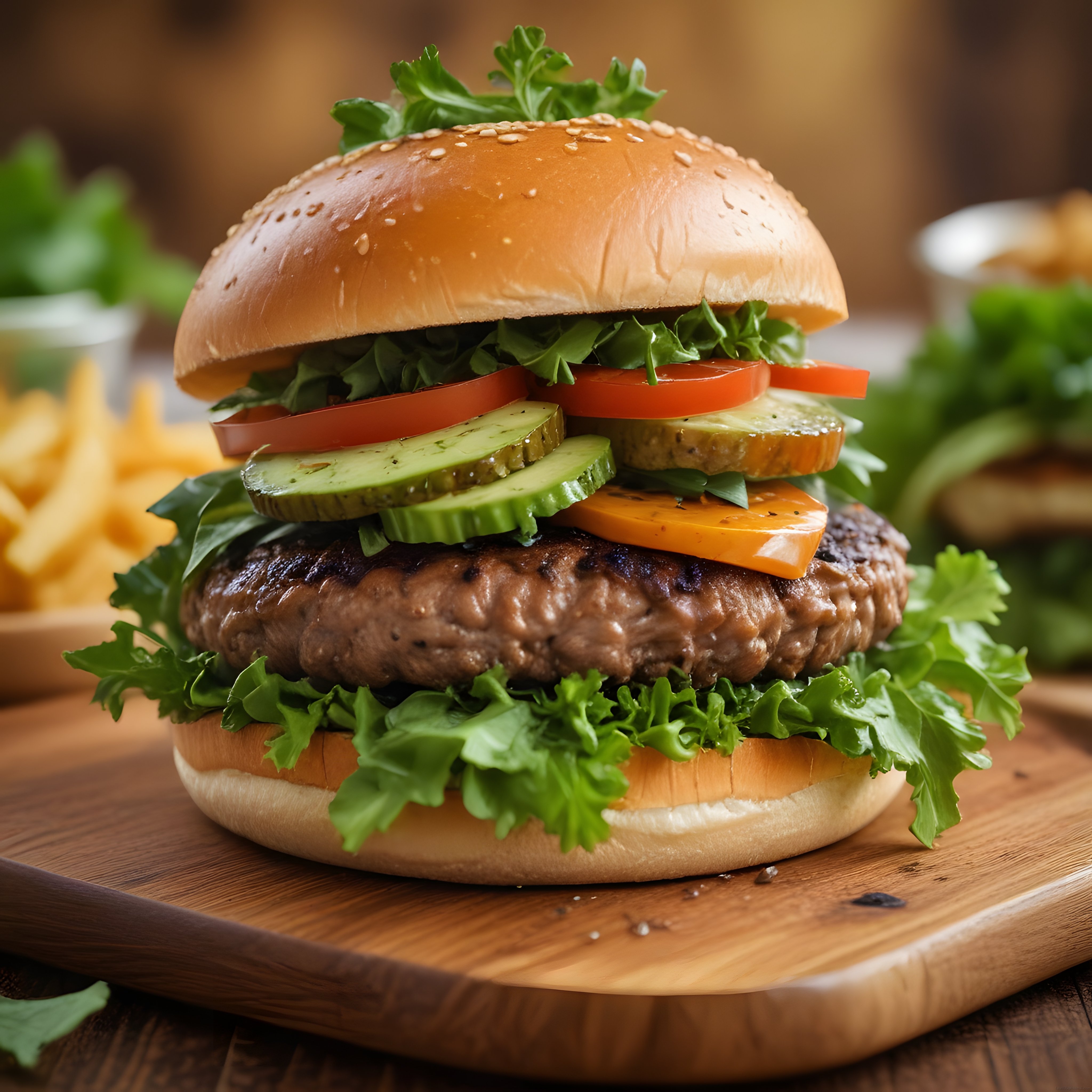 Ahşap Sunum Tahtası Üzerinde Izgara Köfteli ve Taze Sebzeli Nefis Burger
