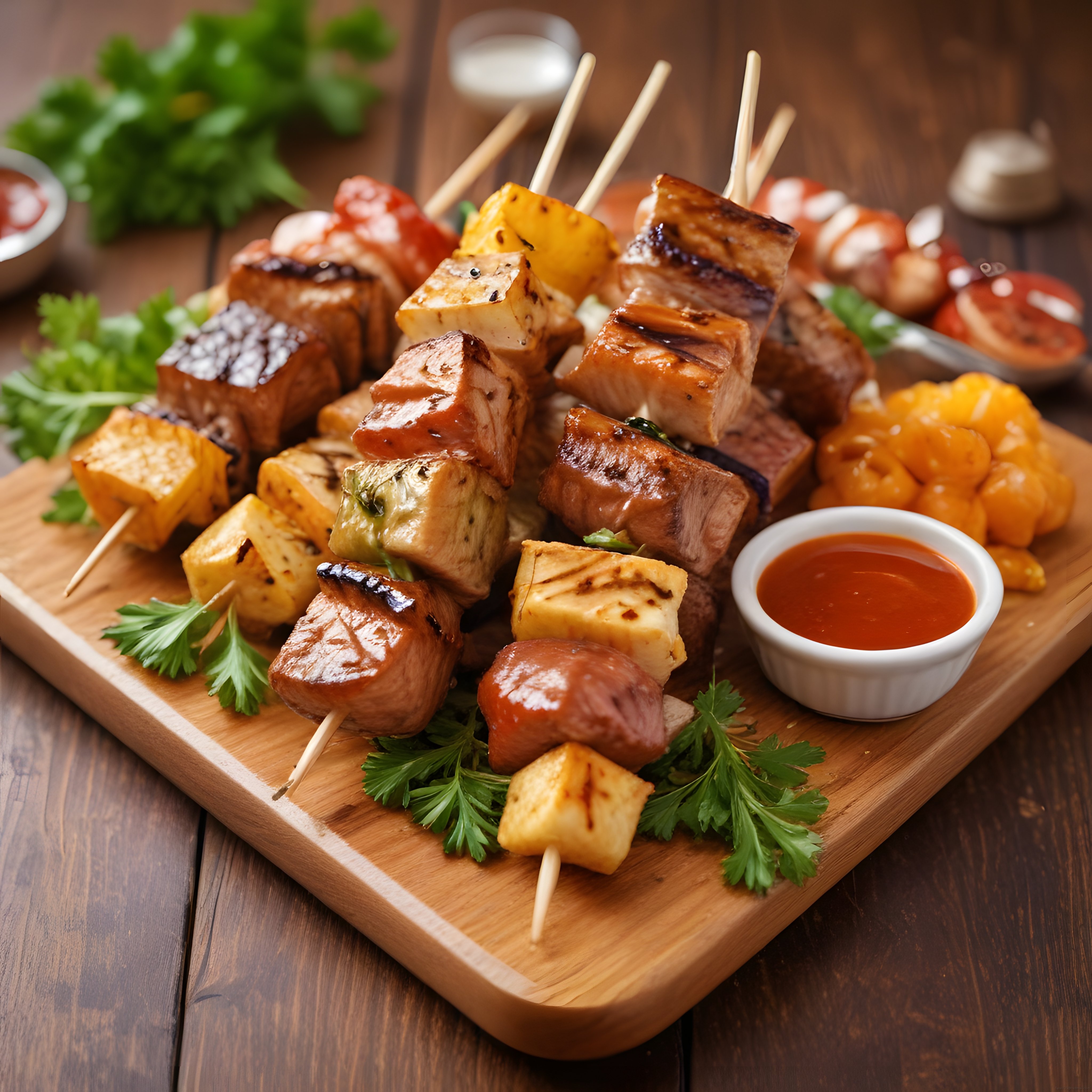 ahşap sunum tahtası üzerinde ızgara şiş kebap ve ananas dilimleri