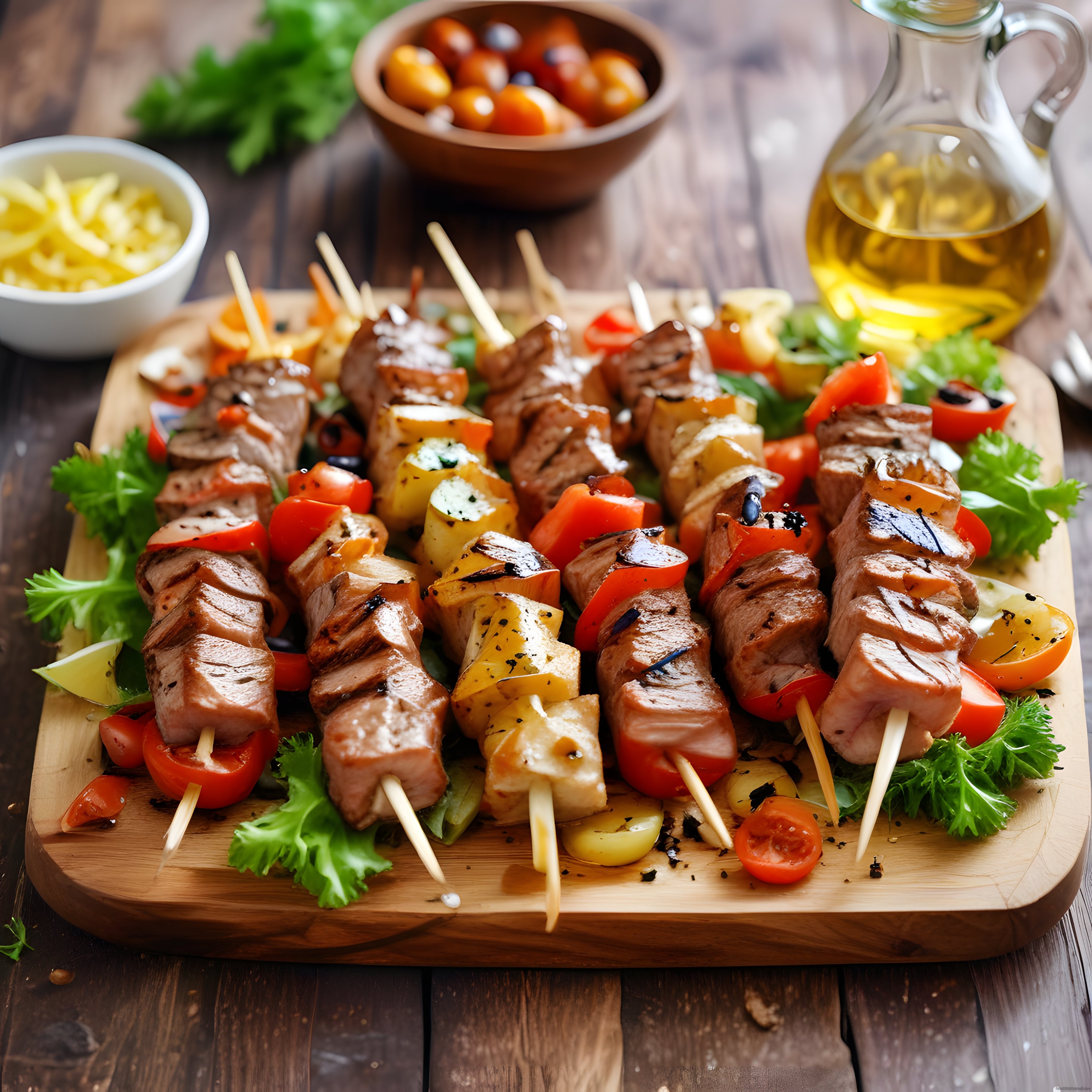 Ahşap sunum tahtası üzerinde ızgara şiş kebap ve renkli mevsim sebzeleri