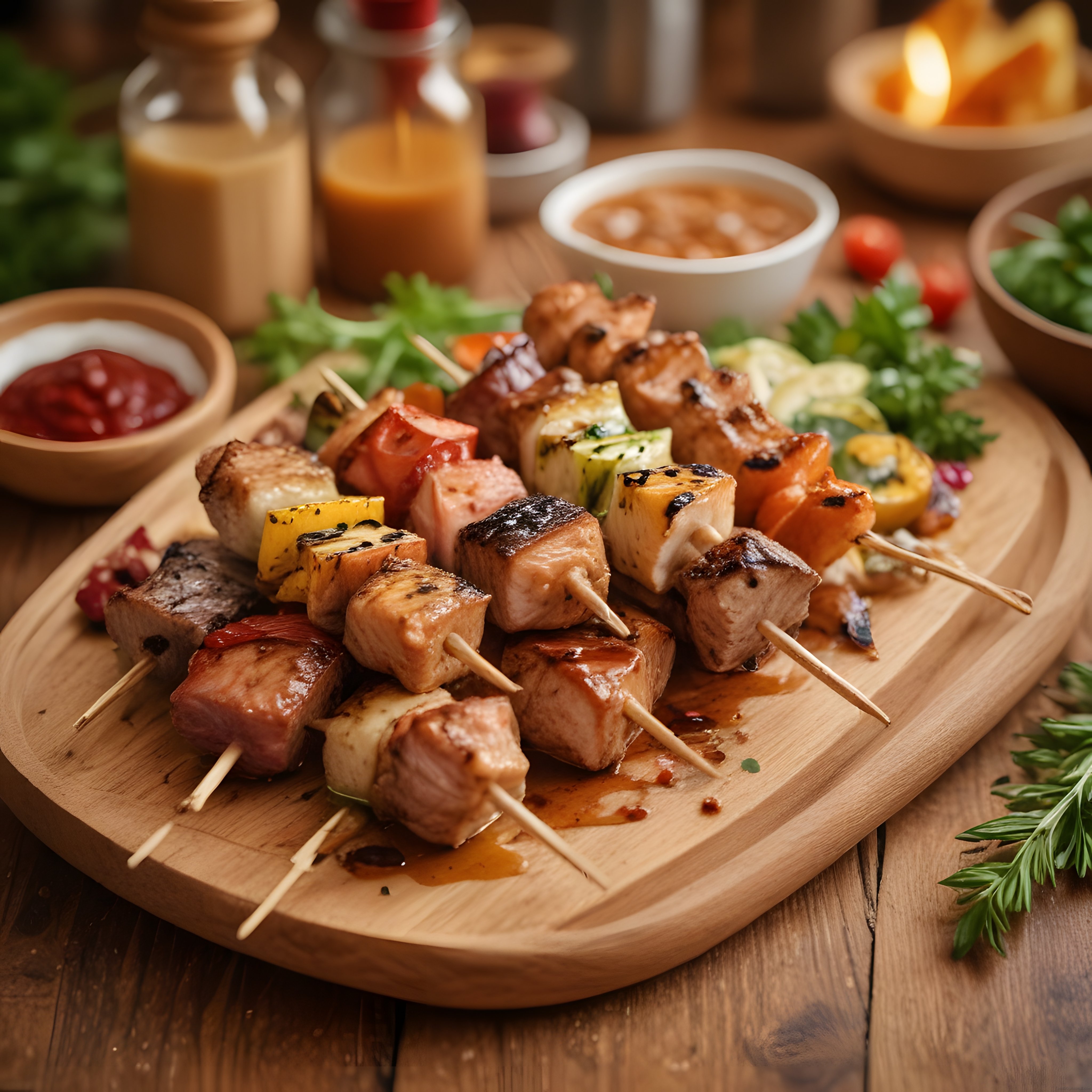ahşap sunum tahtası üzerinde ızgara şiş kebap ve renkli sebzeler