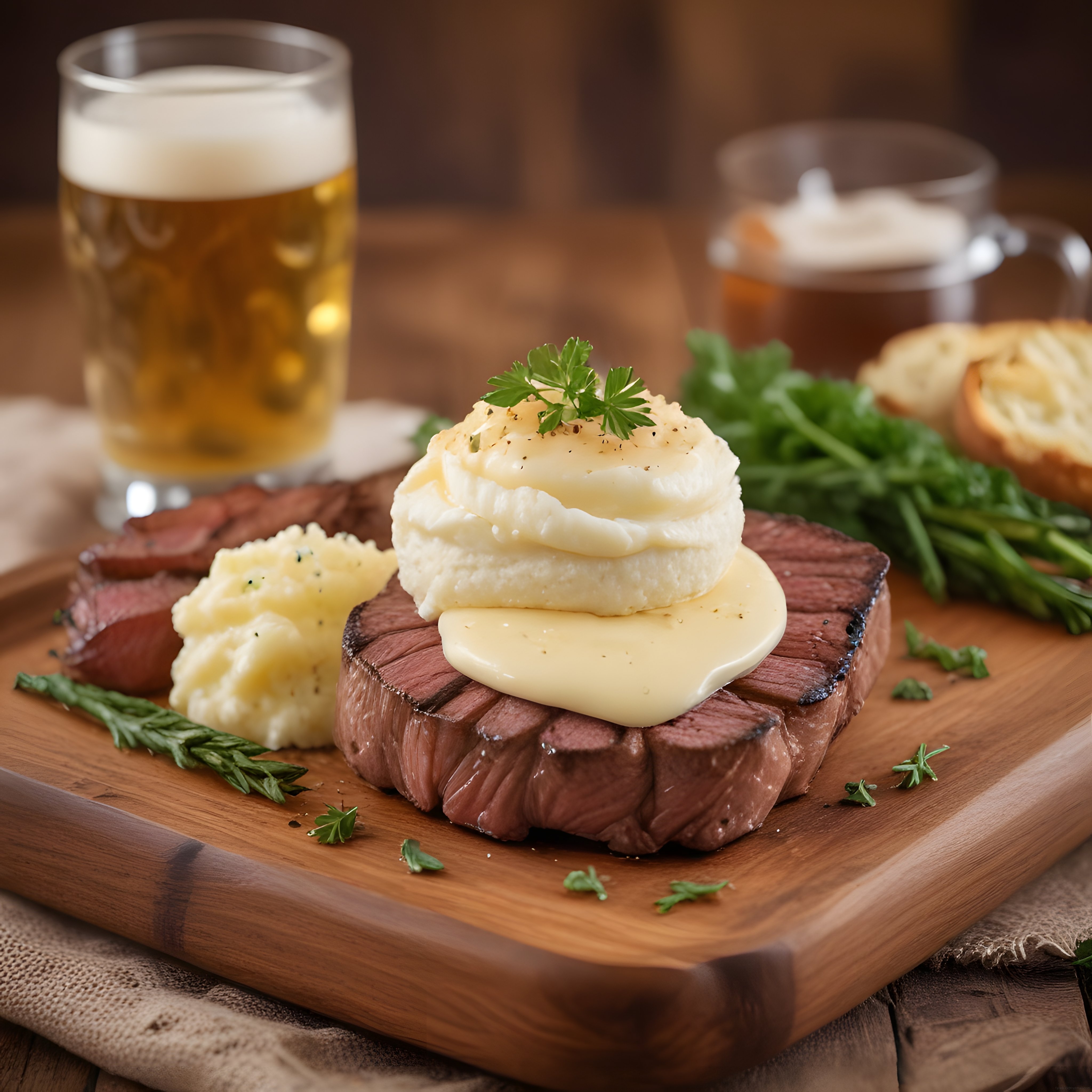 Ahşap Sunum Tahtası Üzerinde Izgara Steak ve Bira ile Rustik Akşam Yemeği